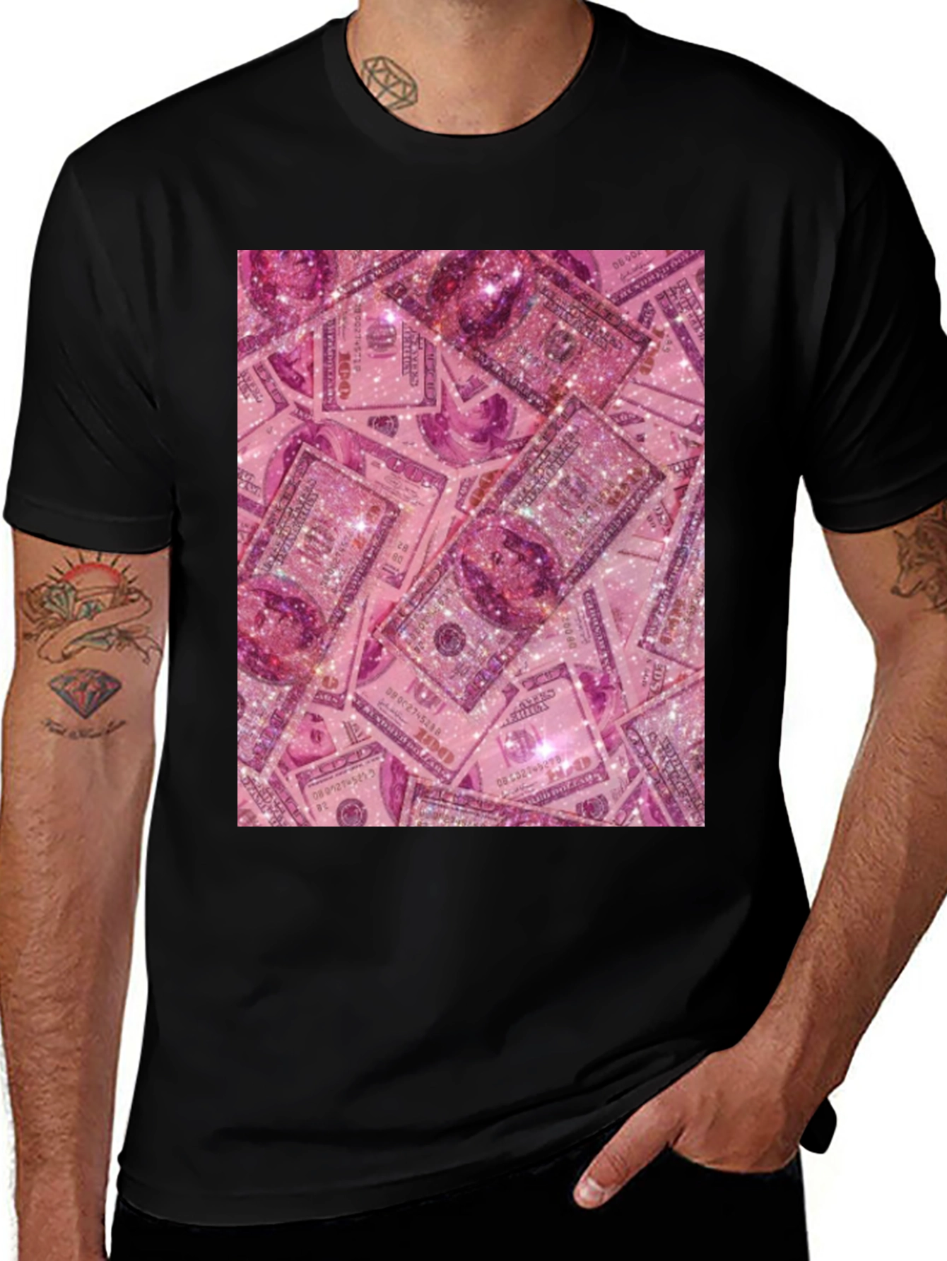 Variant 25 of Pink Money Graphic Tee - Novelty Black T-Shirt