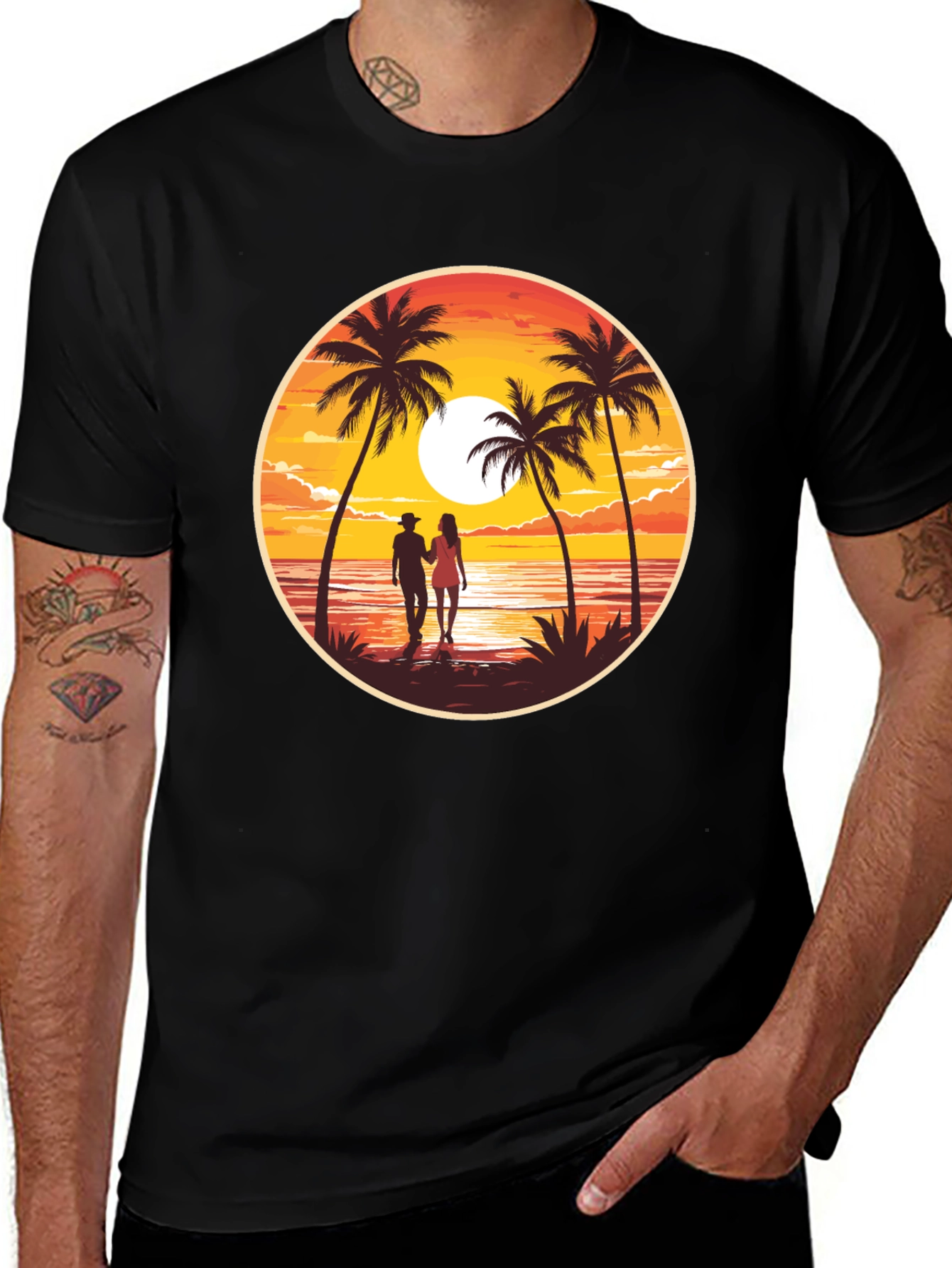 Variant 17 of Sunset Beach Couple Graphic Tee - Black Cotton T-Shirt