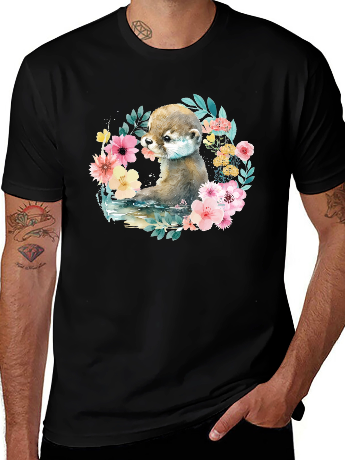 Variant 9 of Otter Floral Wreath Graphic T-Shirt