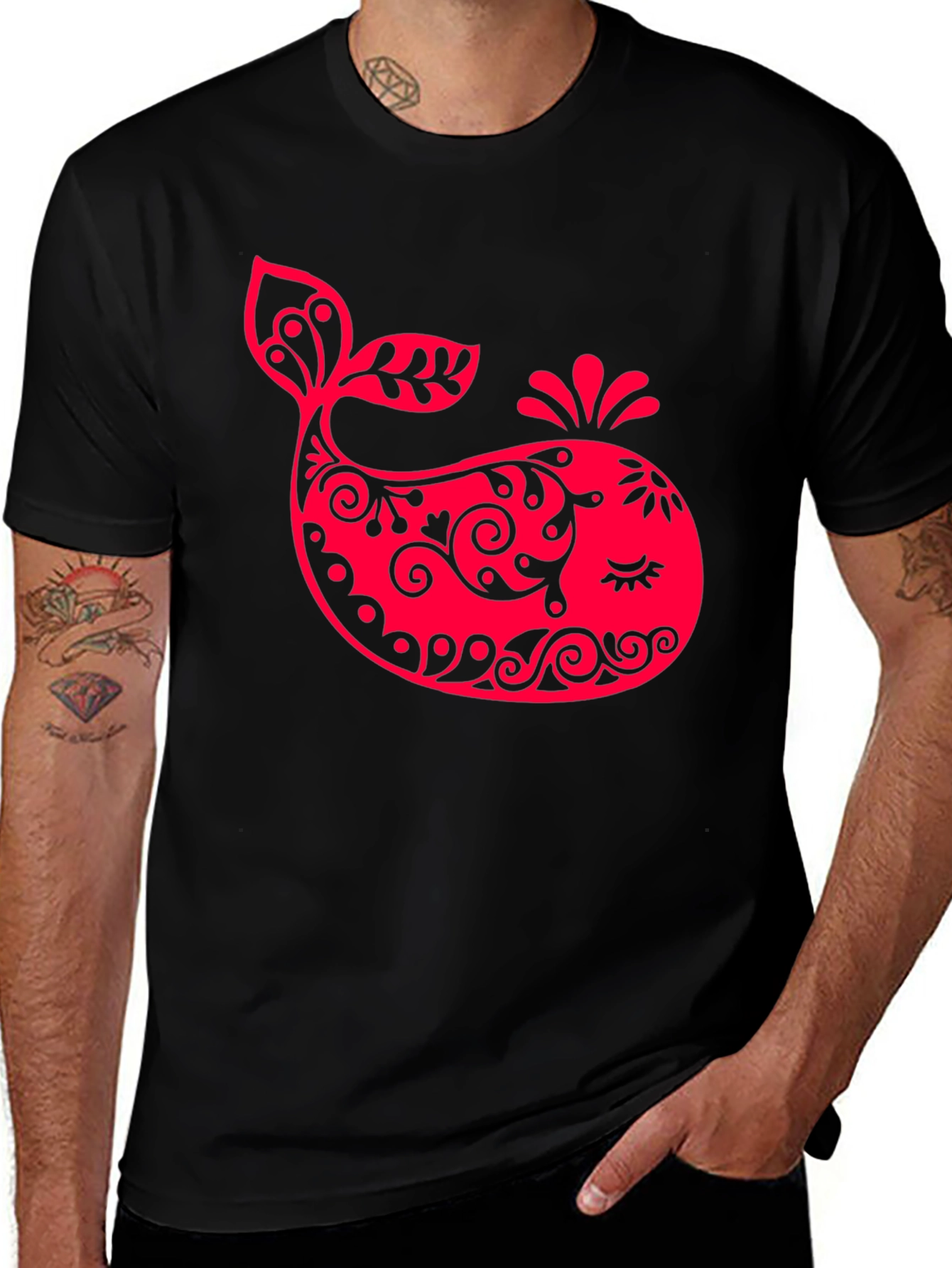 Variant 16 of Red Whale Graphic Print Black T-Shirt