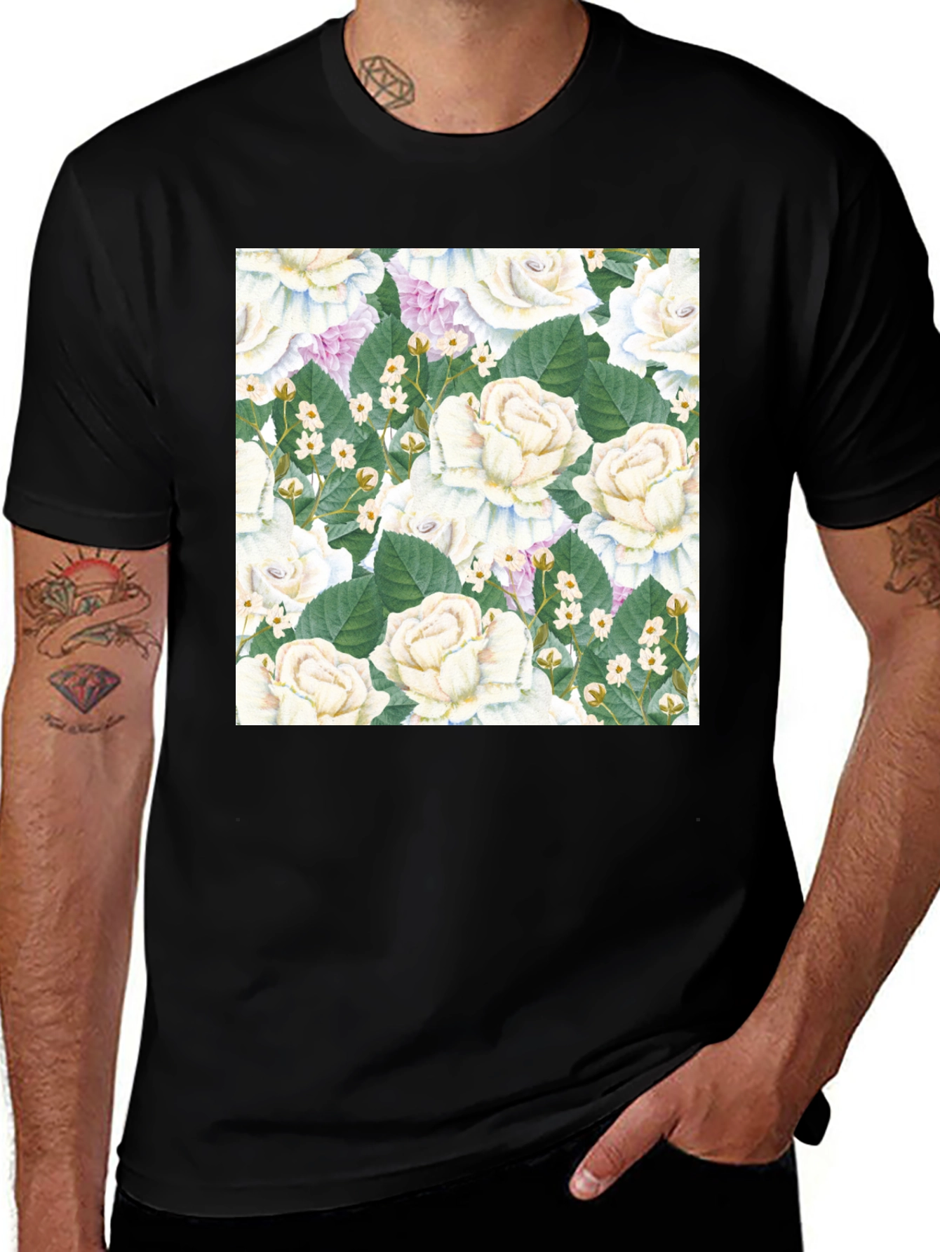Floral Rose Pattern Black T-Shirt
