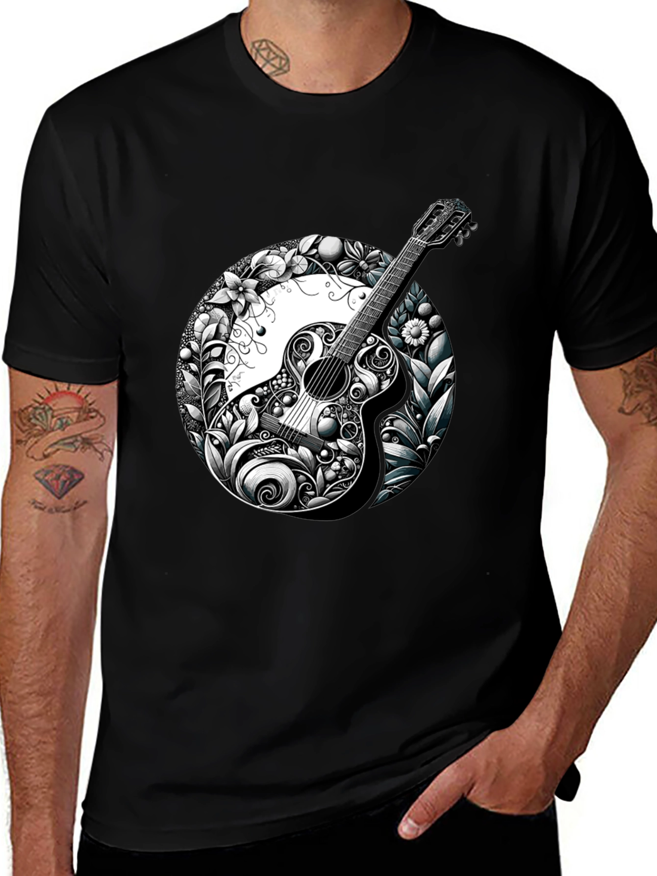 Variant 21 of Guitar Floral Graphic Black T-Shirt