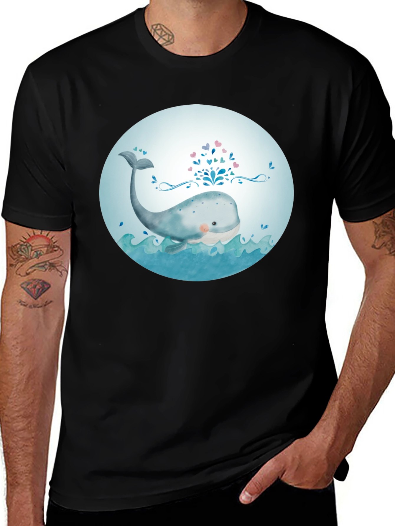 Cute Whale Graphic Tee - Black Cotton T-Shirt
