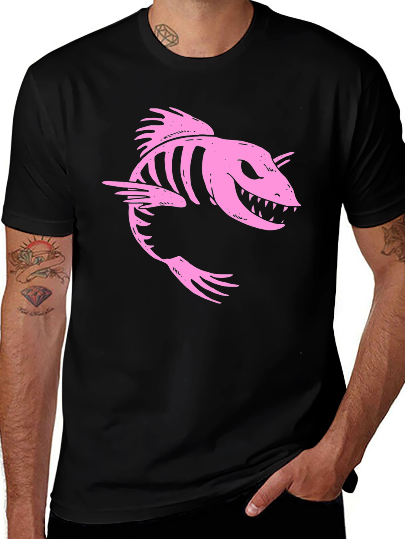 Pink Skeleton Fish Graphic Black T-Shirt