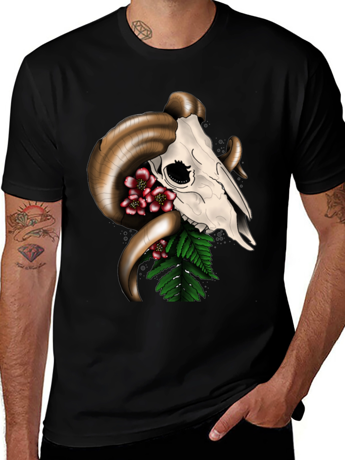 Variant 2 of Ram Skull Floral T-Shirt - Unique Graphic Tee