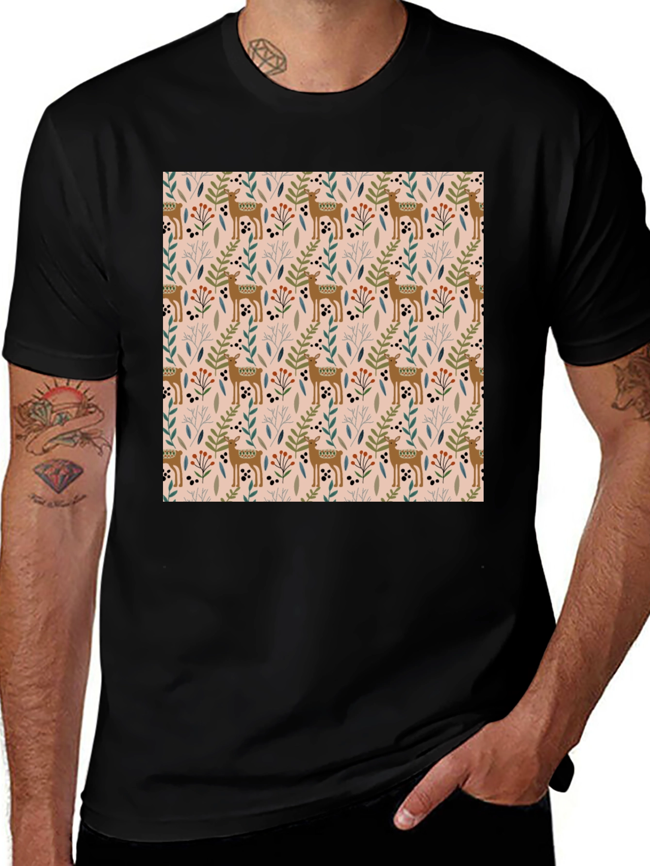 Variant 28 of Deer Pattern Black T-Shirt