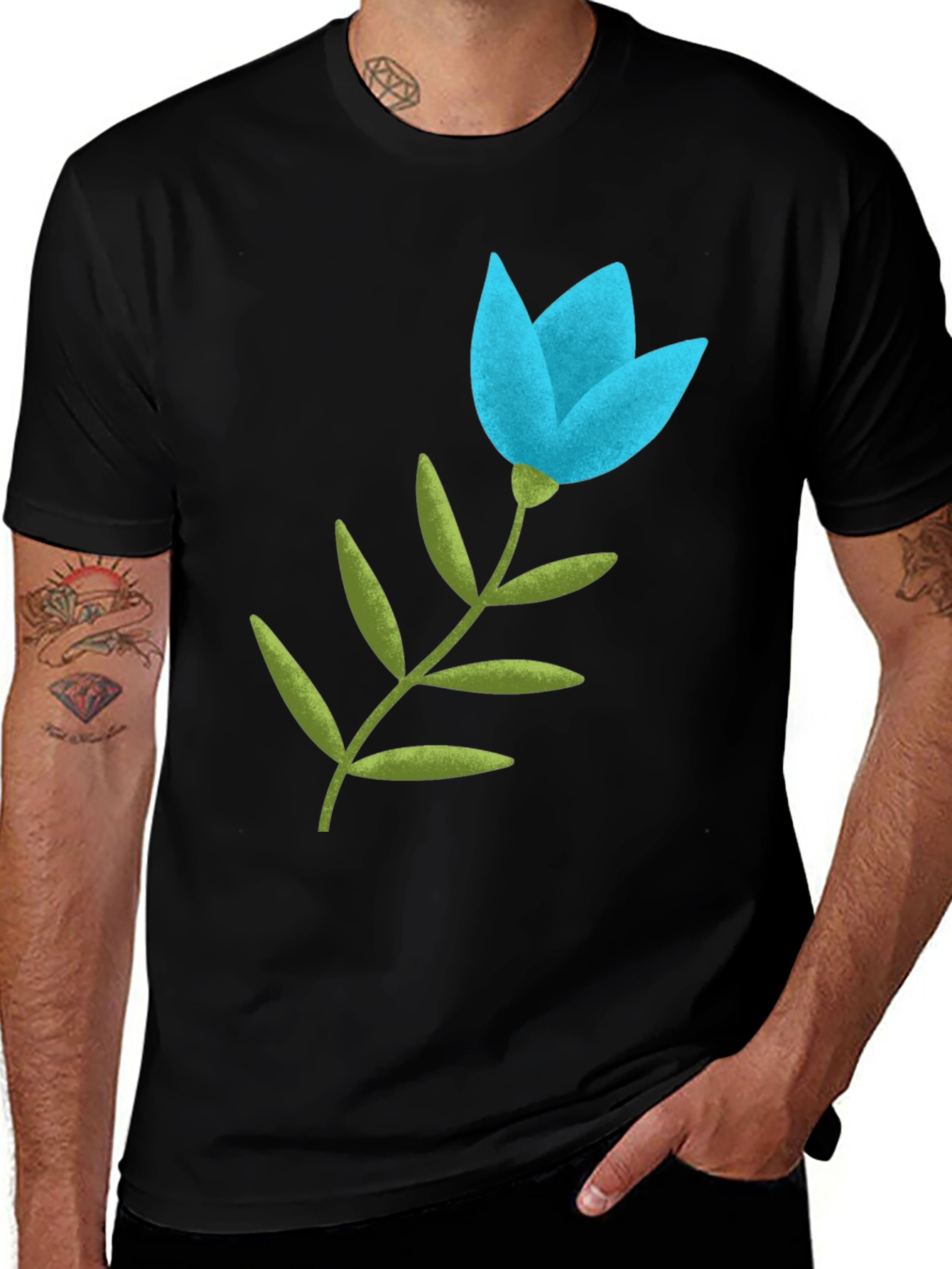 Variant 5 of Blue Flower Graphic Tee - Black Cotton Blend