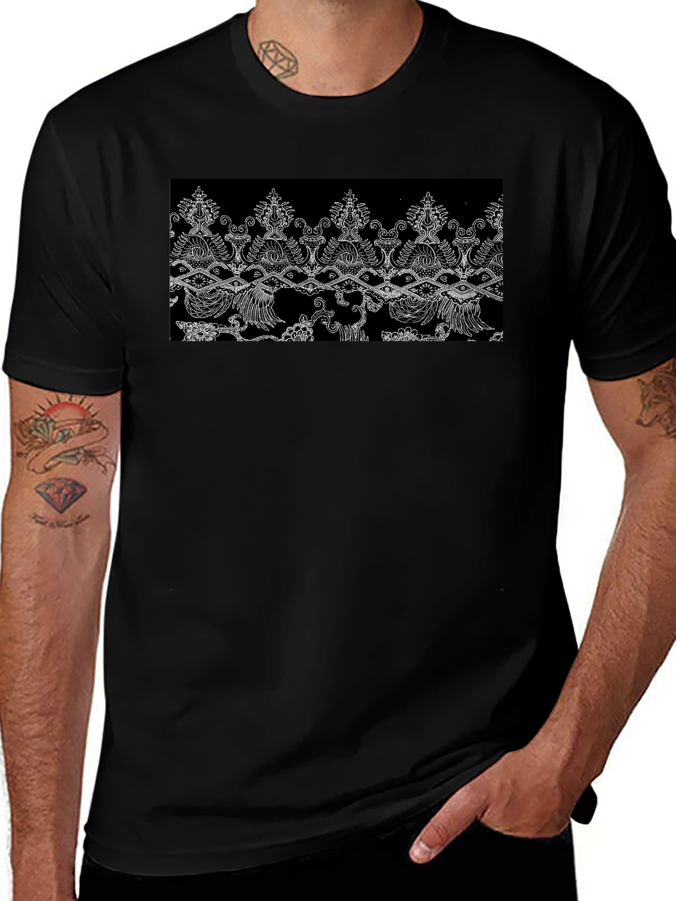 Variant 25 of Black T-Shirt with Ornate White Pattern