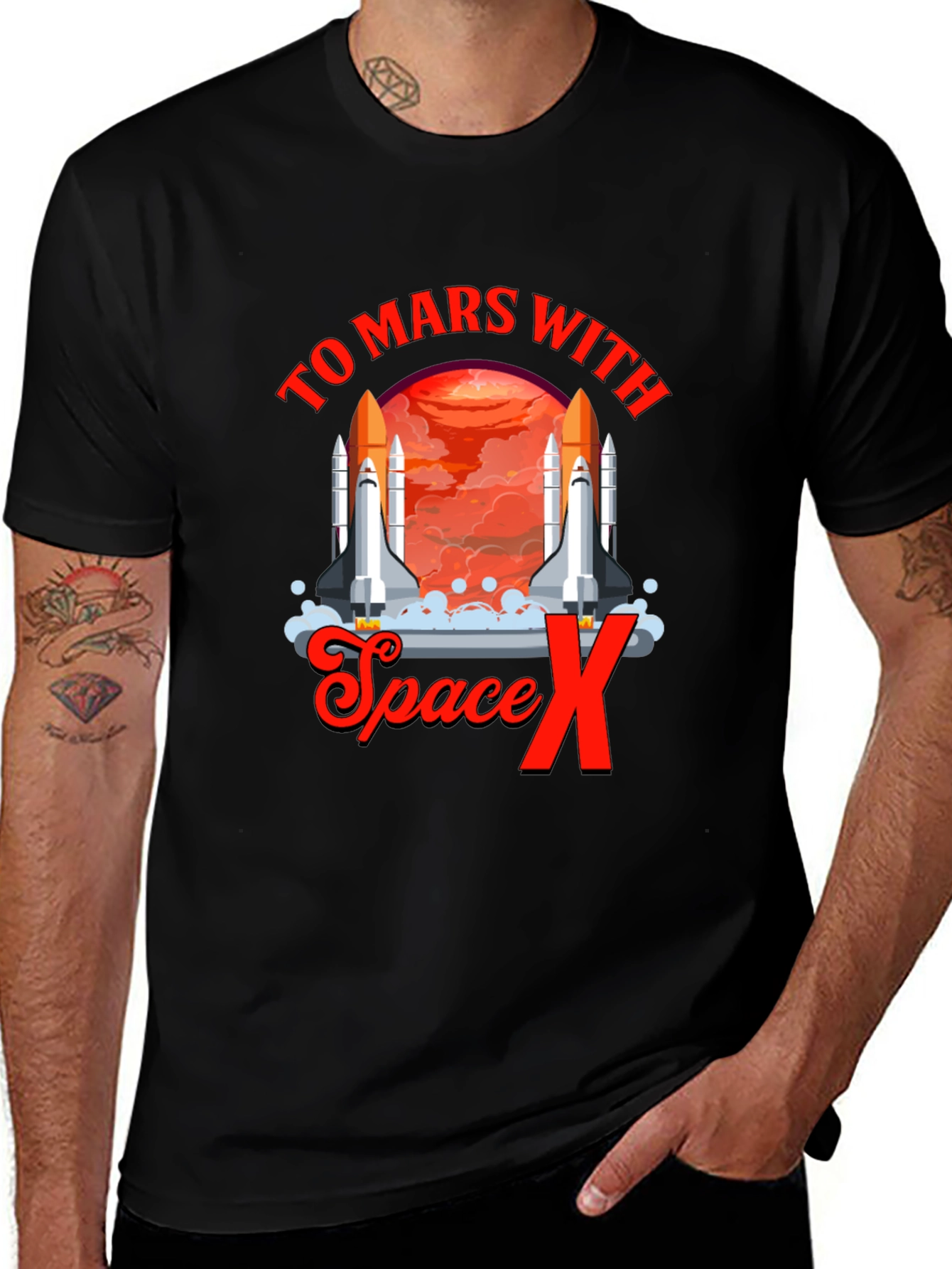 To Mars with Space X T-Shirt Black Novelty Graphic Tee