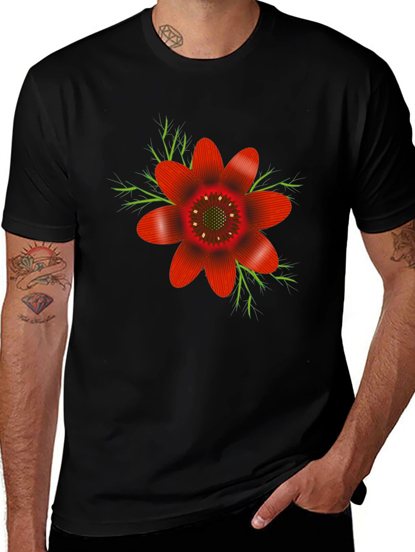 Variant 16 of Floral Graphic Tee - Bold Red Flower on Black
