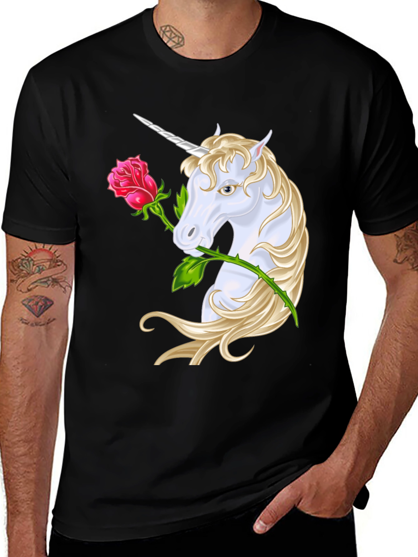 Variant 12 of Unicorn Rose Graphic Tee - Stylish Men's Black T-Shirt