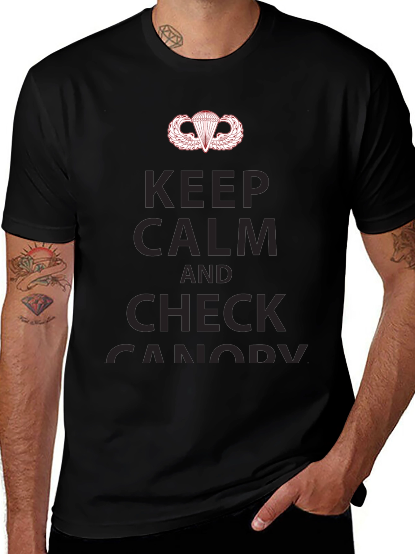 Variant 17 of Keep Calm & Check Canopy Black T-Shirt