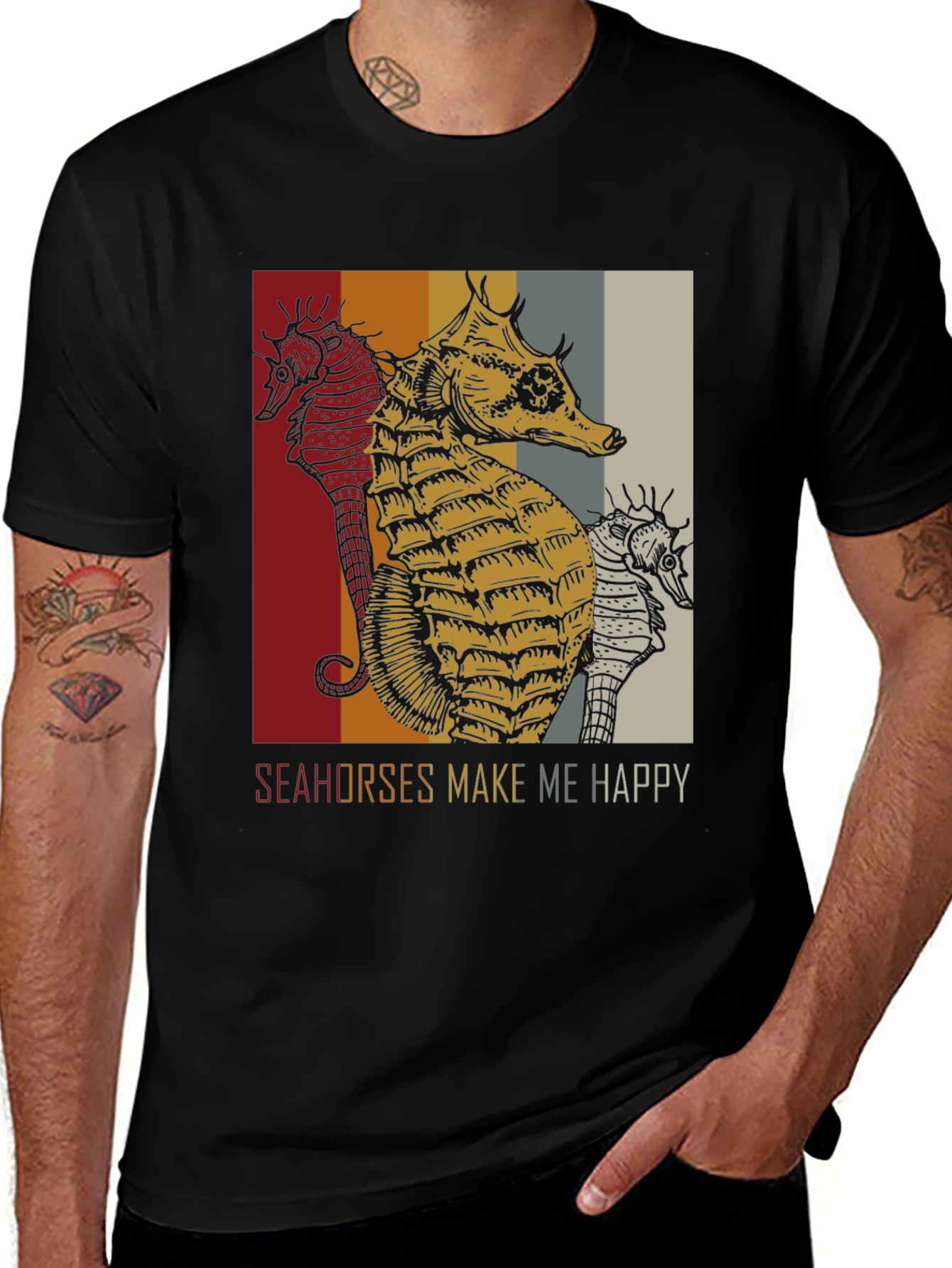 Variant 18 of Seahorse Graphic Tee - "Seahorses Make Me Happy" Black T-Shirt