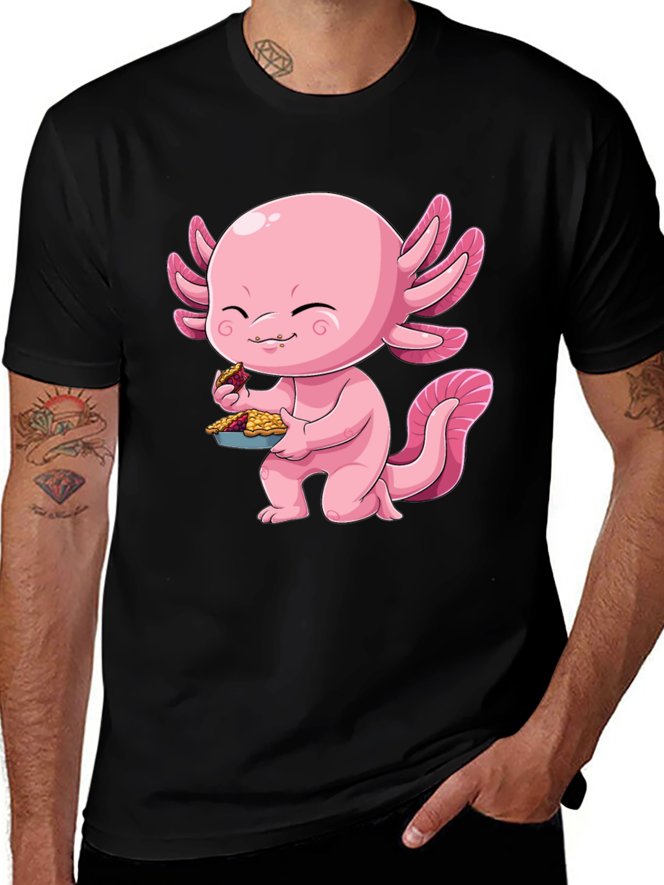 Variant 21 of Axolotl Eating Pie Black T-Shirt - Cute Amphibian Design