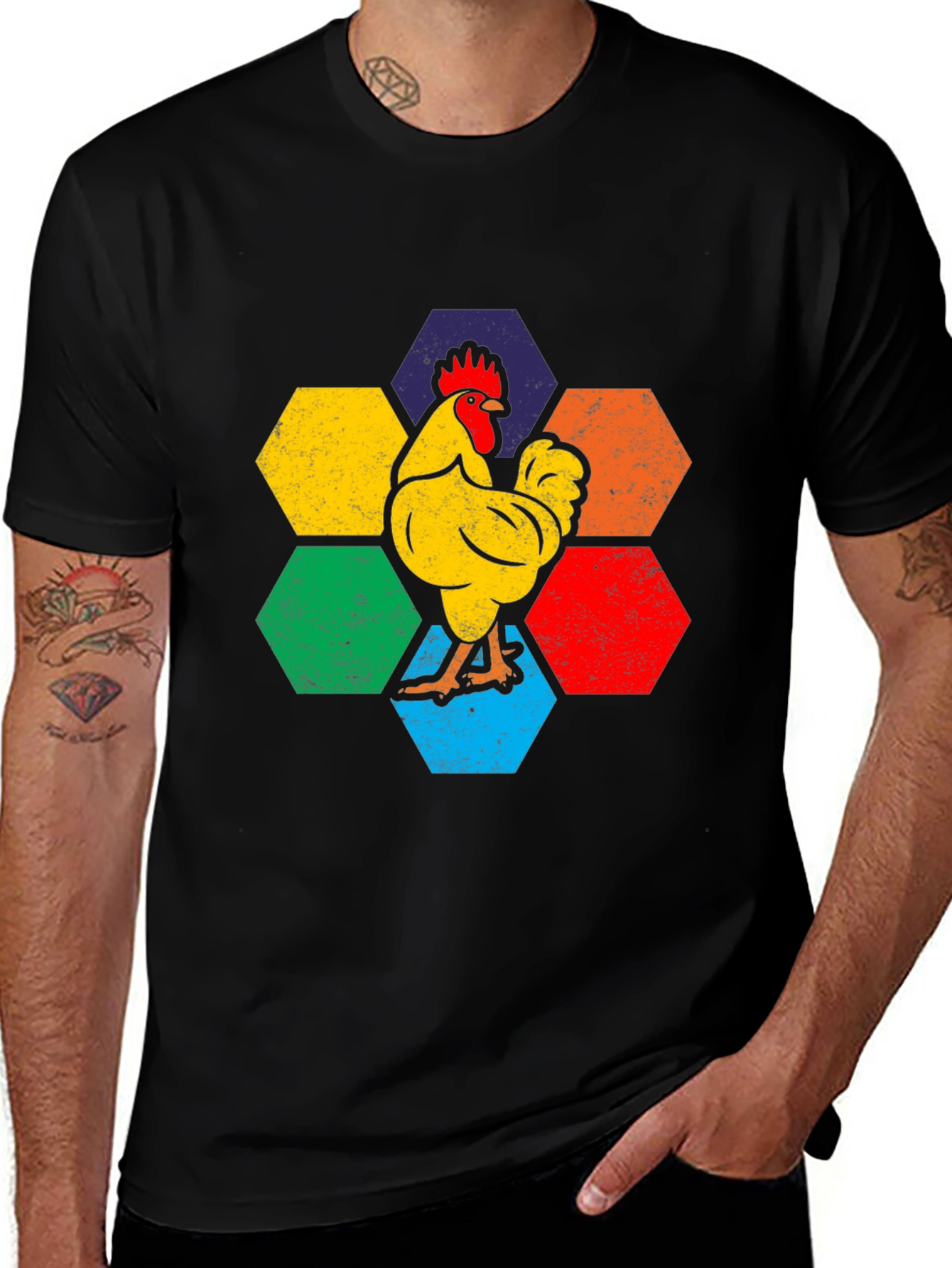 Variant 5 of Rainbow Rooster Hexagon Graphic Tee