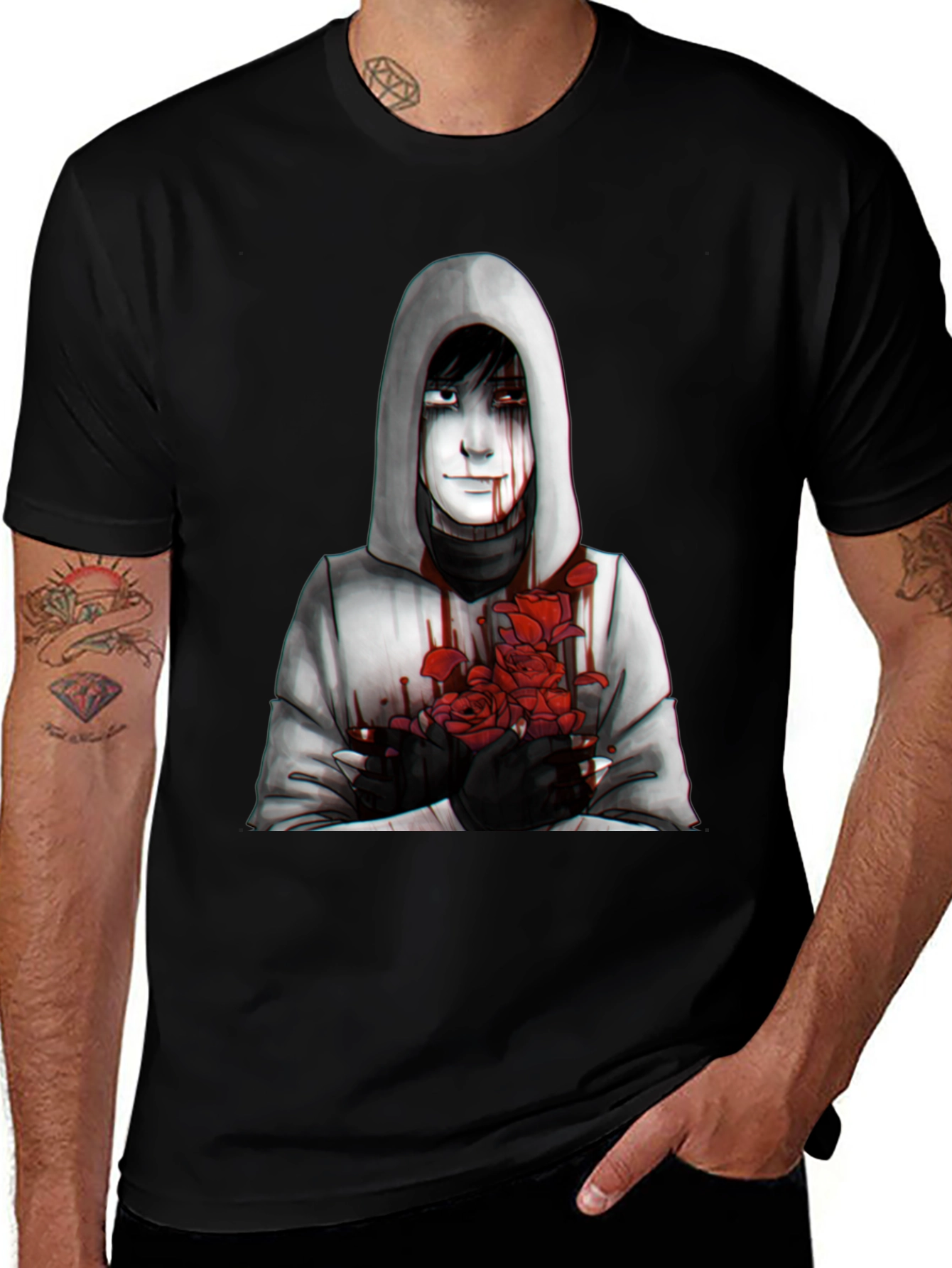 Variant 5 of Hooded Figure with Roses Graphic Tee - Dark Aesthetic