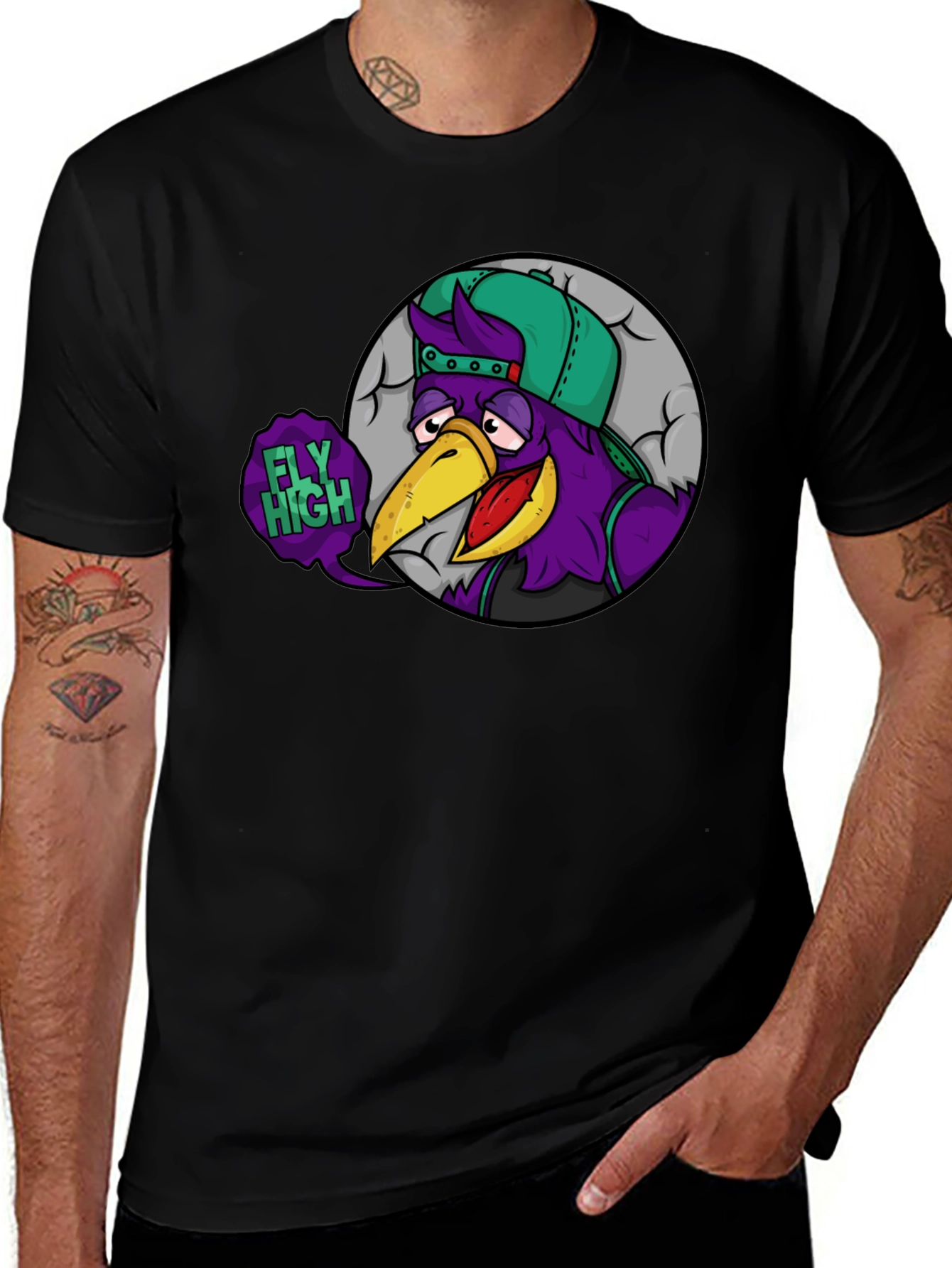 Variant 18 of Fly High Cartoon Bird Graphic Tee - Black