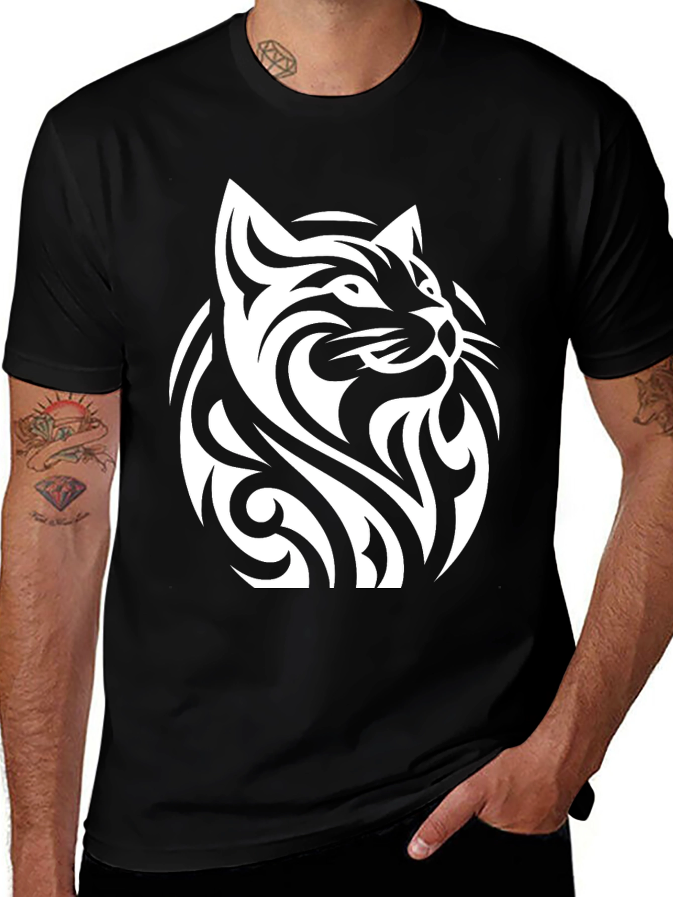 Variant 8 of Cool Cat Tattoo Style Graphic Black T-Shirt