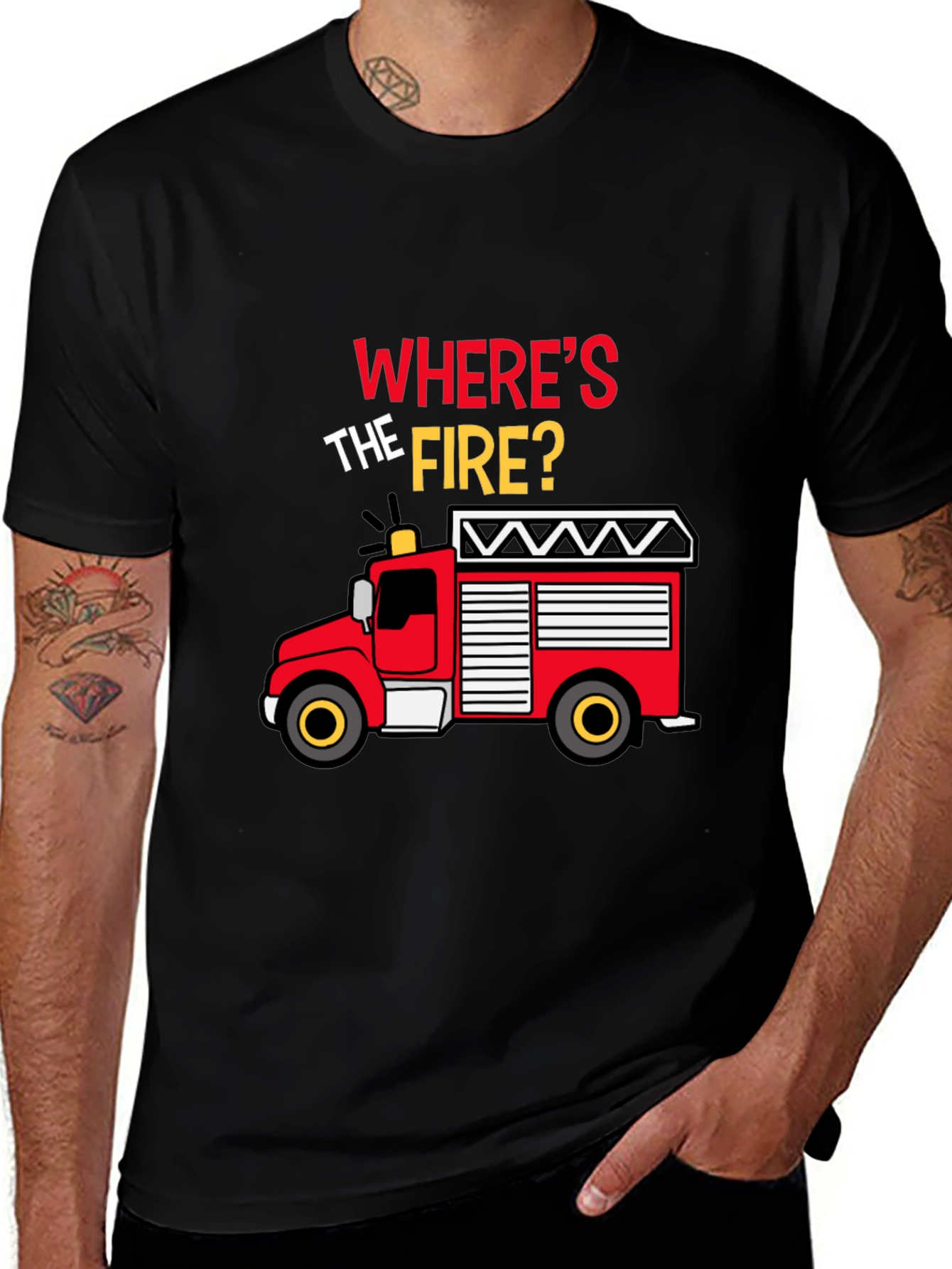 Variant 16 of Funny Fire Truck T-Shirt - "Where's The Fire?" Black Tee