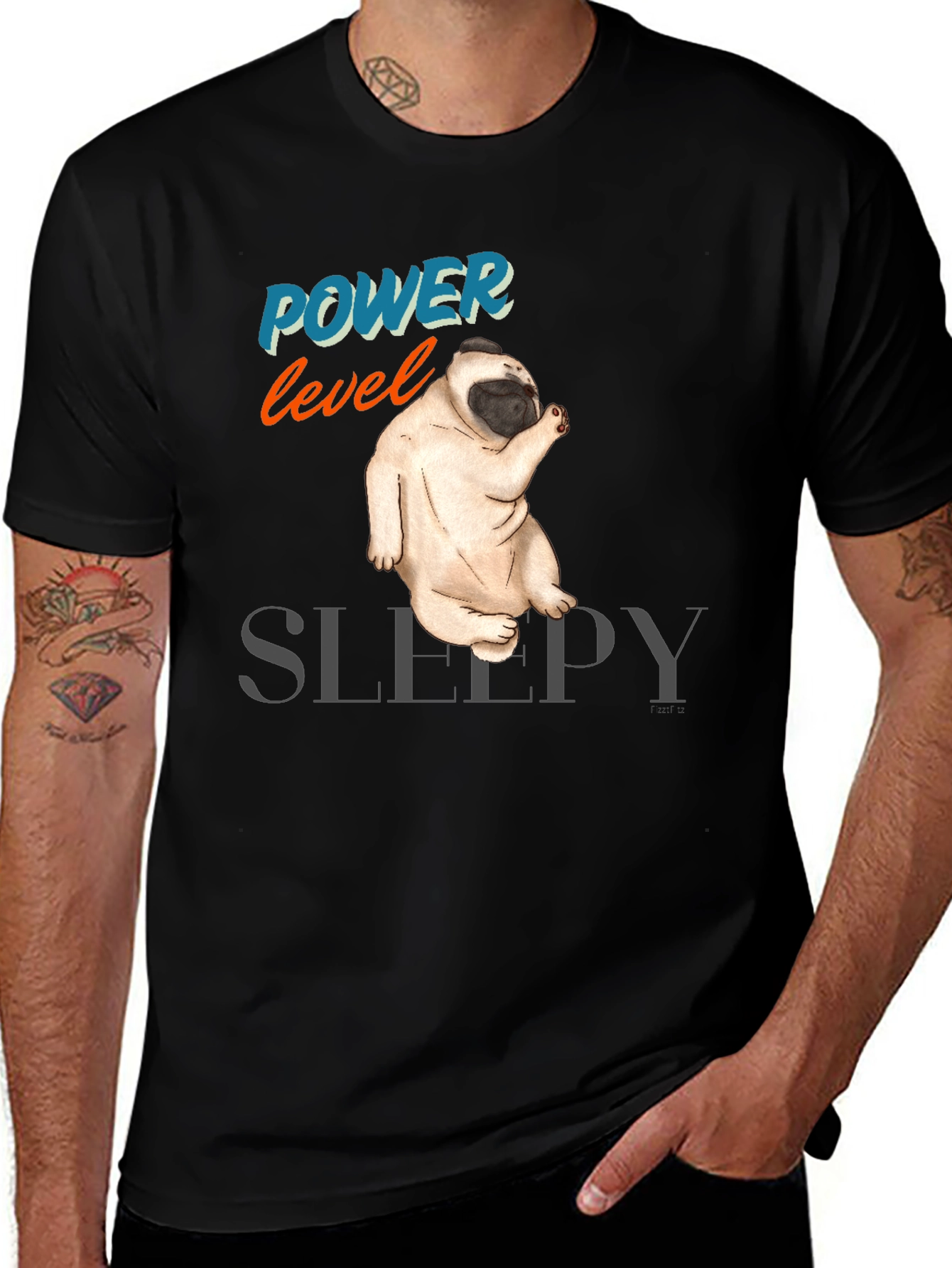 Variant 10 of Power Level Sleepy Pug Black T-Shirt