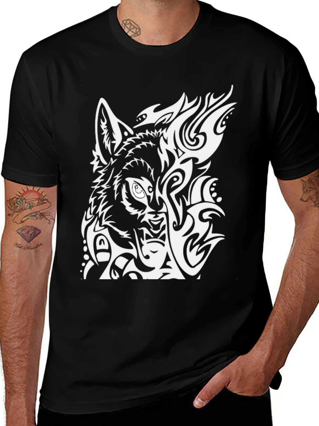 Variant 11 of Wolf Tribal Design Black T-Shirt