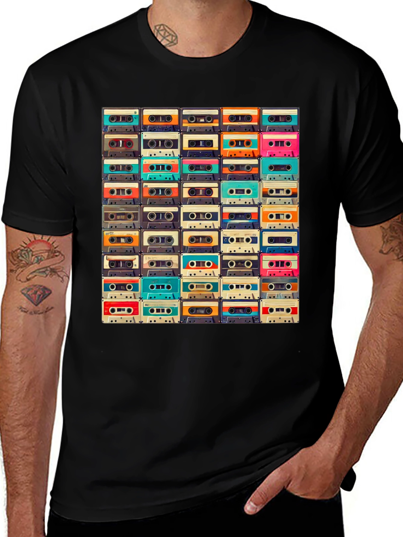 Variant 2 of Retro Cassette Tape Pattern T-Shirt - Vintage Music Lover Tee