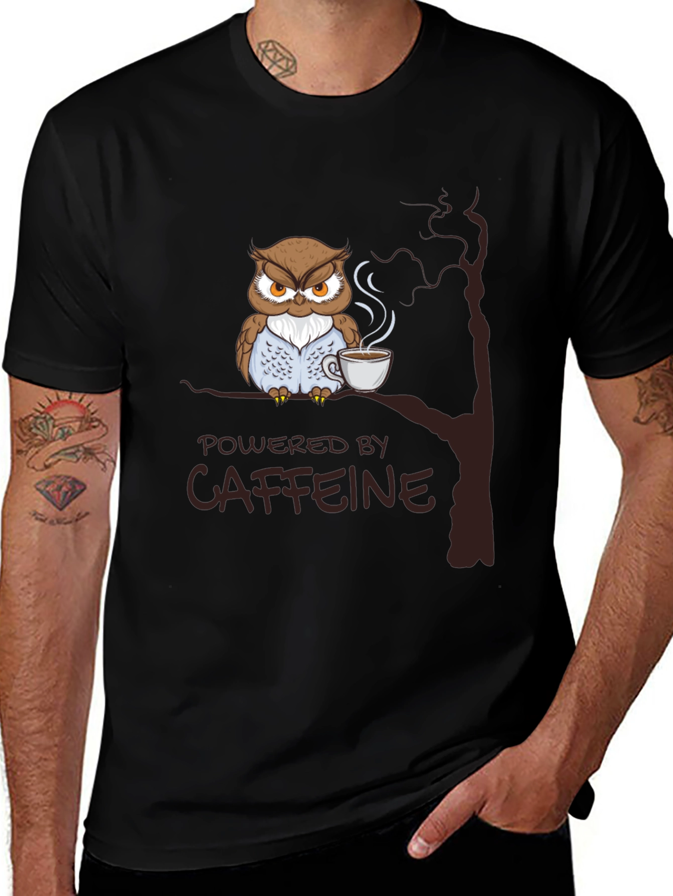Variant 14 of Caffeine Owl T-Shirt - Men's Black Graphic Tee