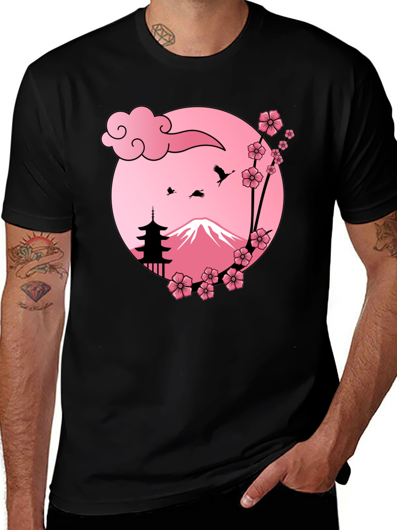 Japanese Art T-Shirt - Cherry Blossoms, Mt. Fuji, Pagoda