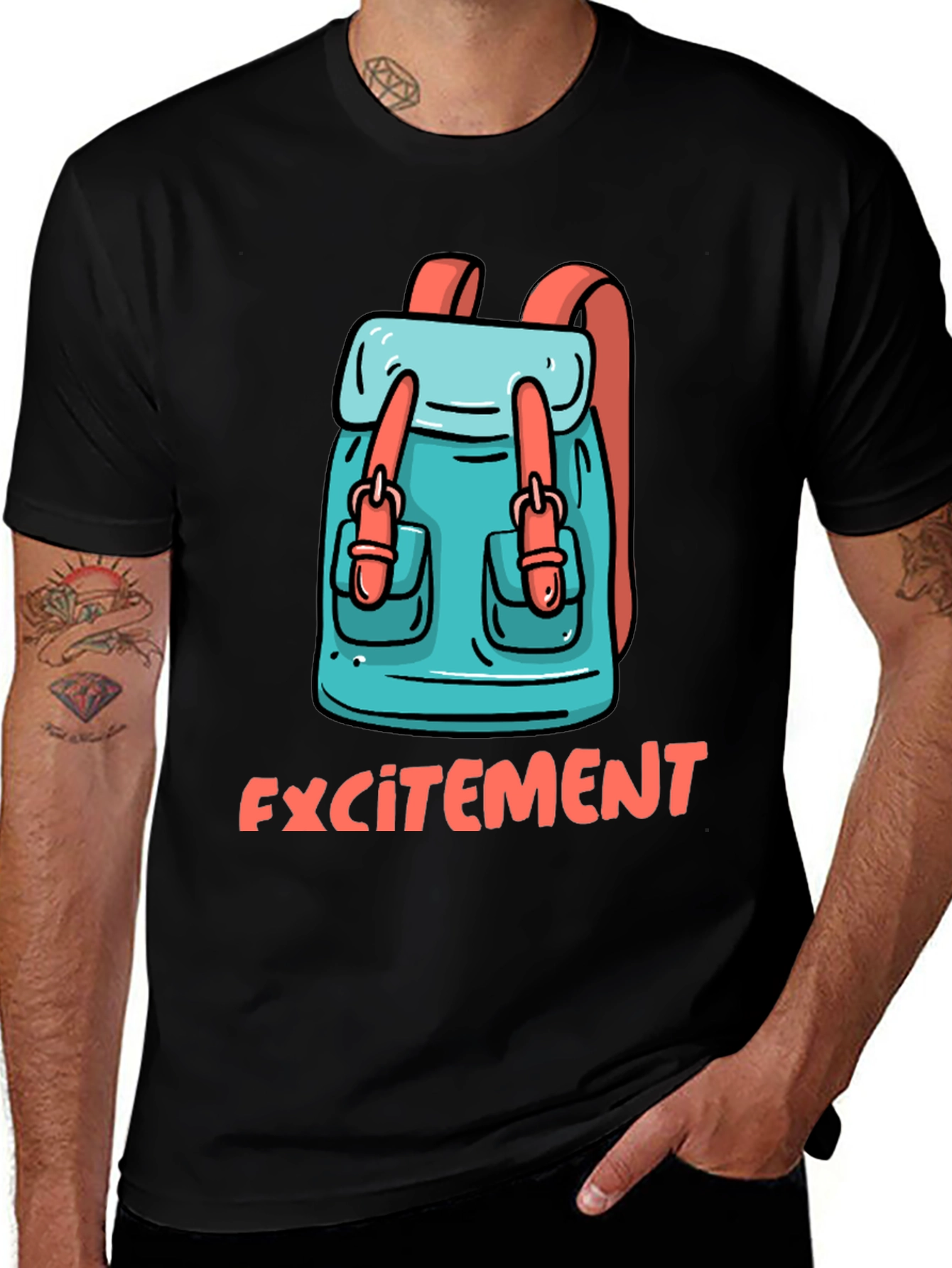 Variant 24 of Excitement Backpack Graphic Tee - Black Cotton T-Shirt