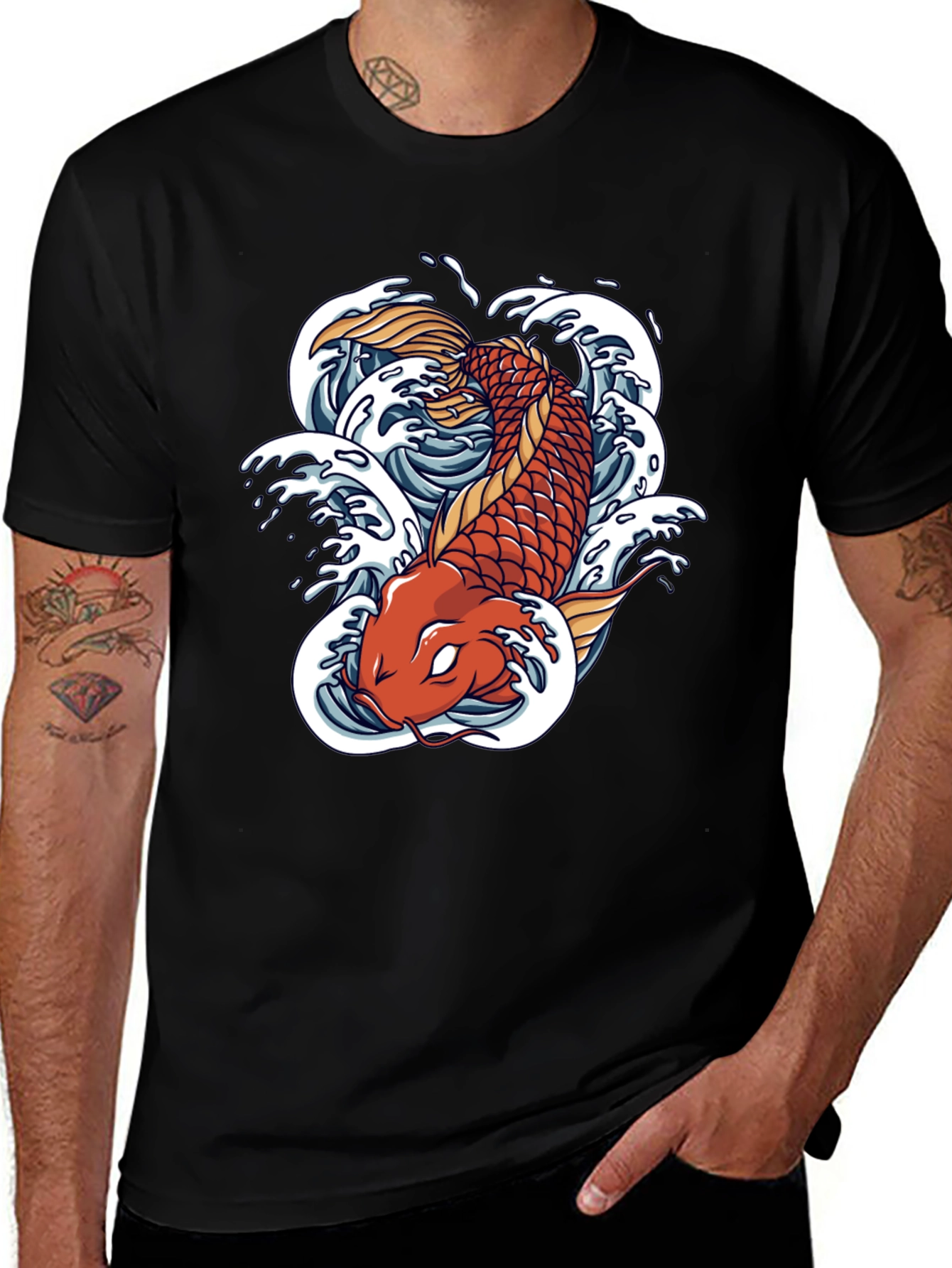 Variant 13 of Koi Fish Graphic Tee - Black Cotton T-Shirt