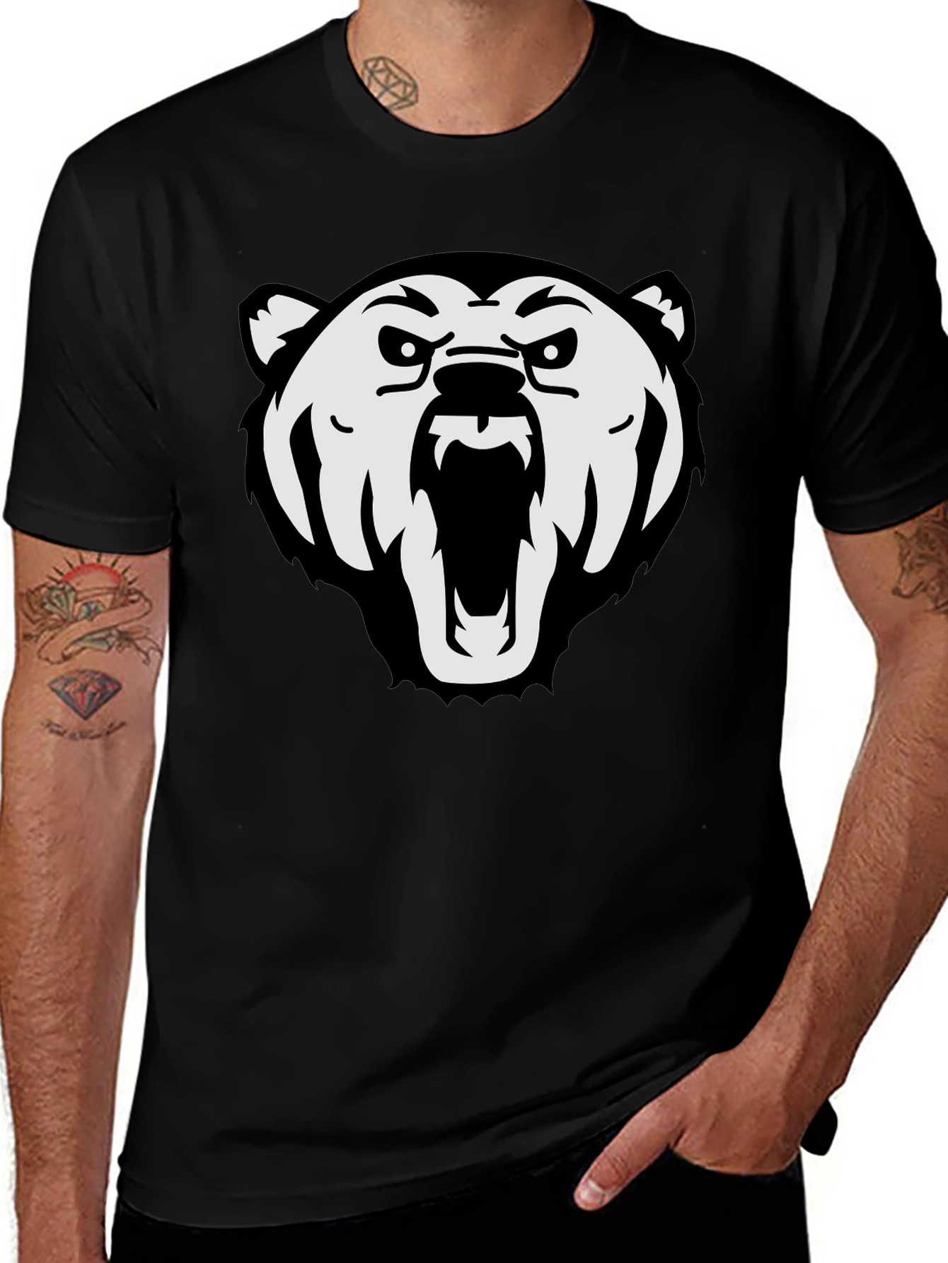 Variant 27 of Men's Black T-Shirt with Fierce Bear Graphic