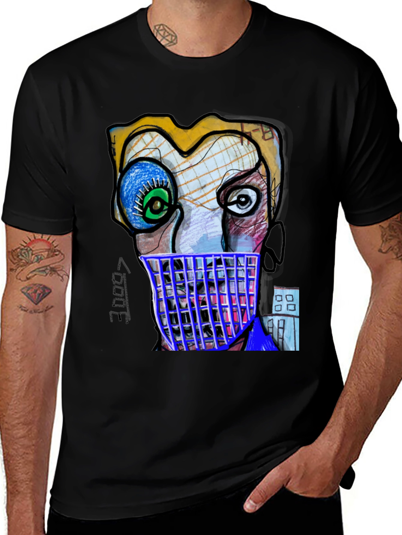 Variant 8 of Abstract Art Face Graphic Tee - Black Cotton T-Shirt
