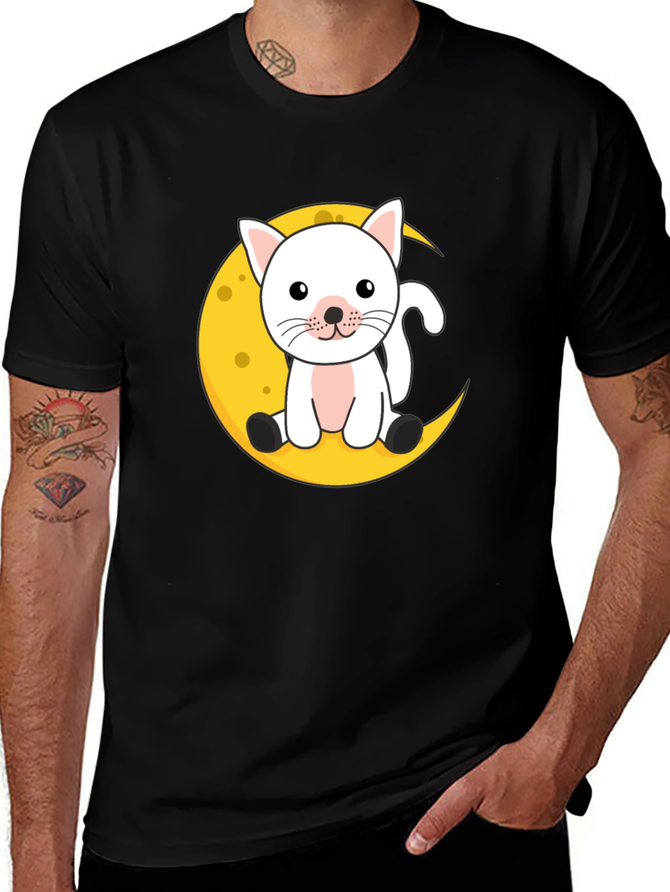 Black Cute Cat on Moon Graphic Black T-Shirt main image