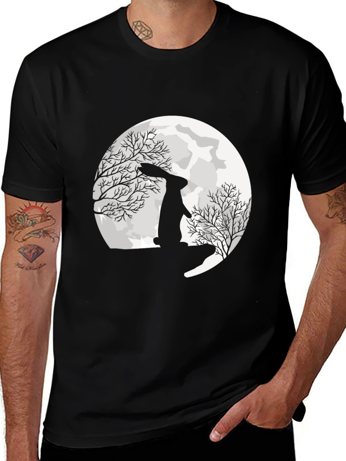 Variant 8 of Moonlit Hare Graphic Tee - Black Cotton Comfort