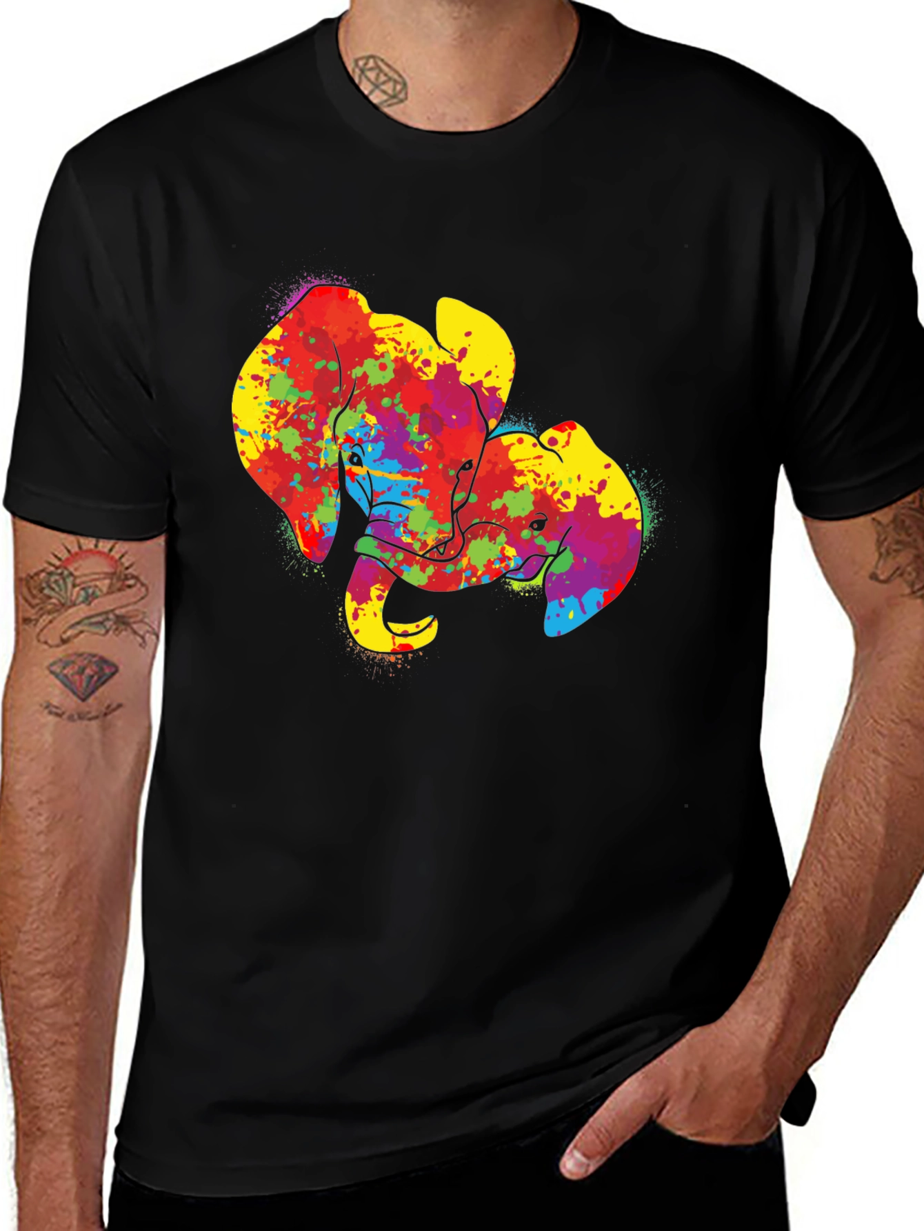Variant 17 of Colorful Elephant Graphic Tee - Black Cotton T-Shirt