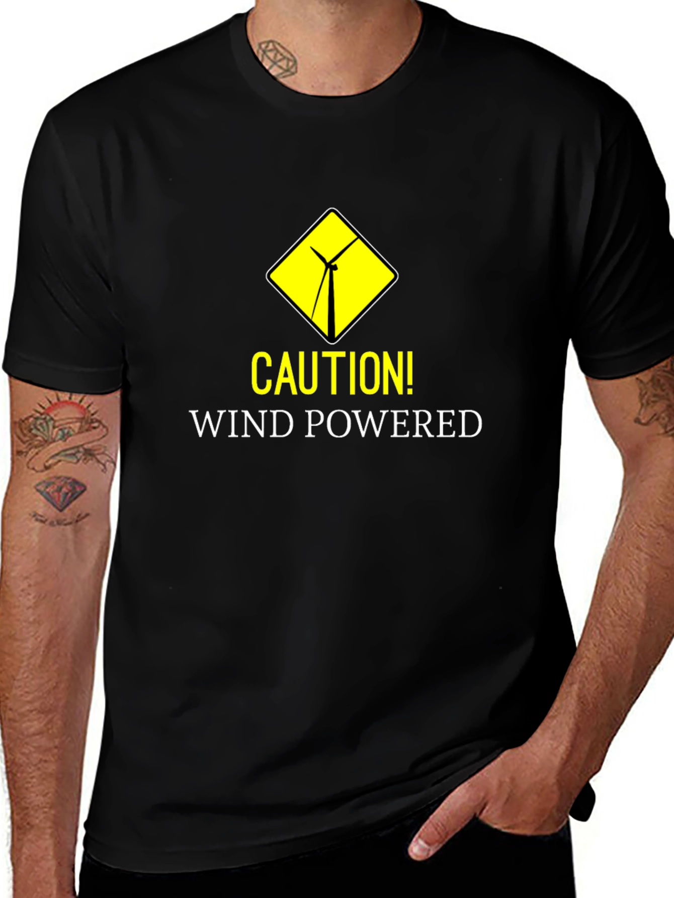 Caution Wind Powered Black T-Shirt