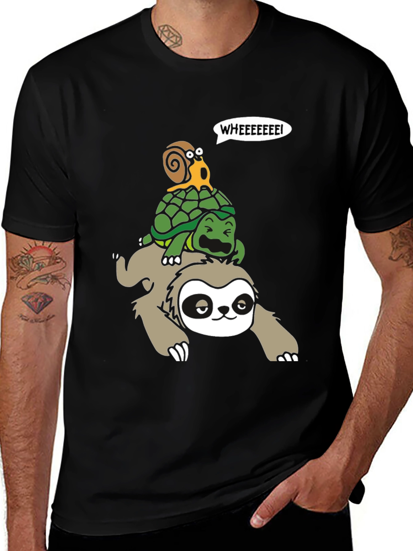 Variant 21 of Sloth Turtle Snail Cartoon Graphic Tee - Men's Black T-Shirt