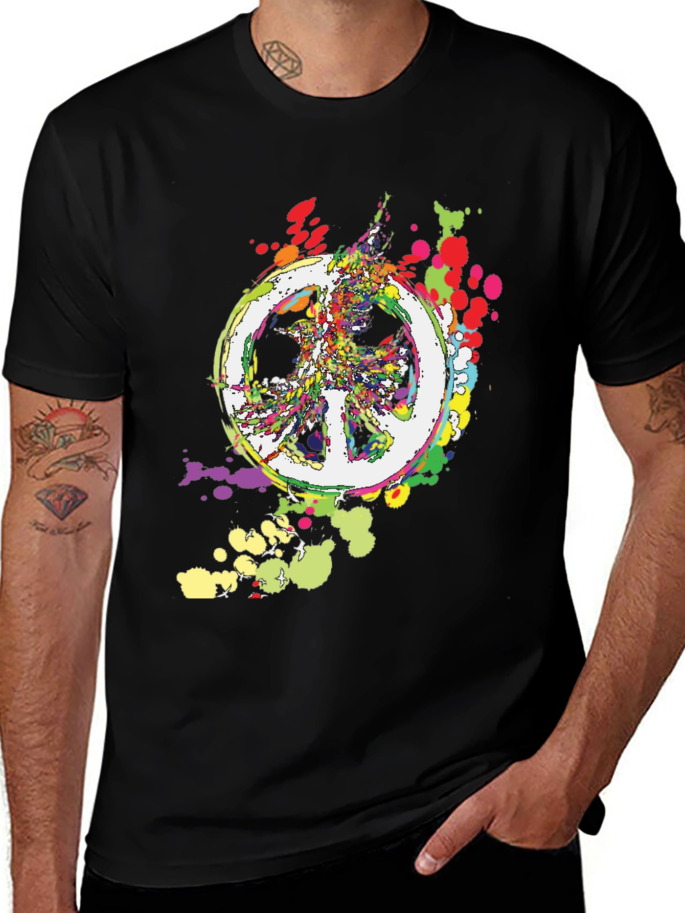 Variant 29 of Peace Sign Graphic Black T-Shirt - Colorful Abstract Design