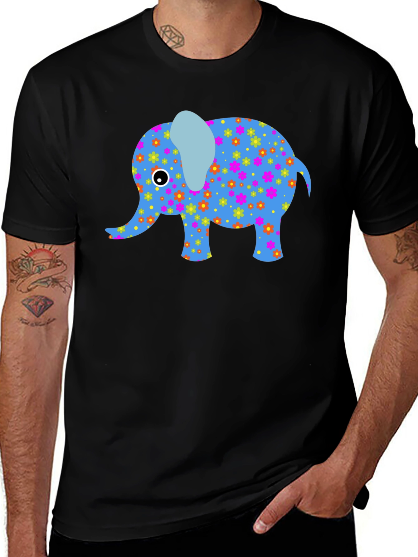 Variant 23 of Floral Elephant Graphic Tee - Black