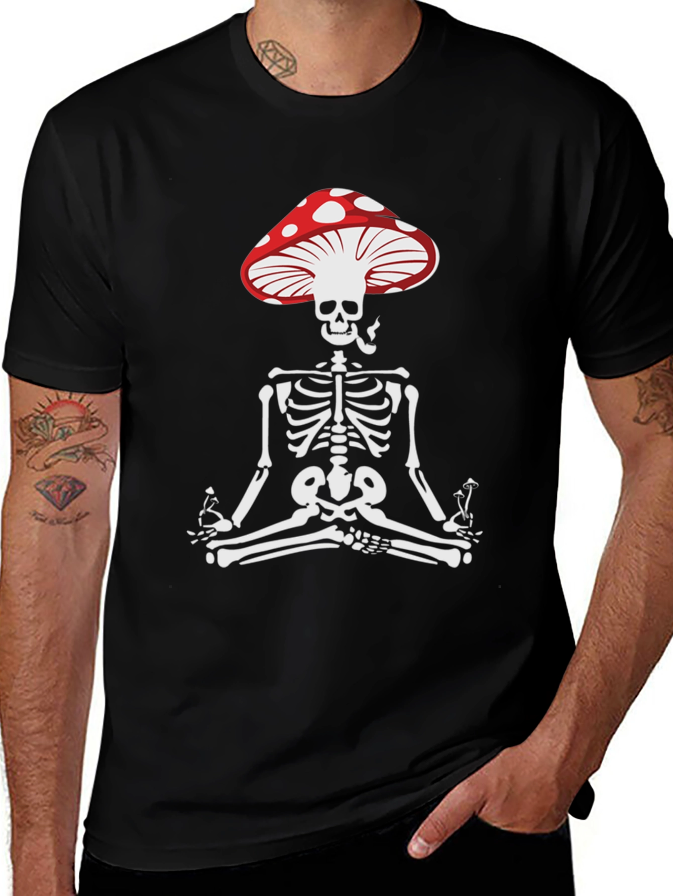 Variant 27 of Mushroom Skull Tee - Meditating Skeleton T-Shirt