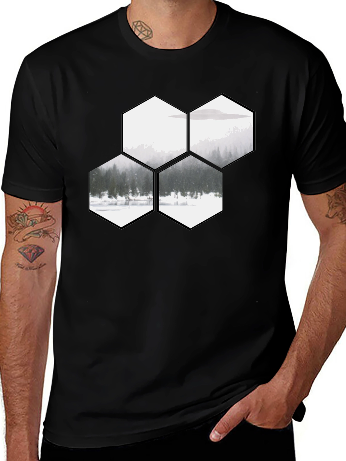 Variant 10 of Hexagon Winter Forest Graphic Tee - Black