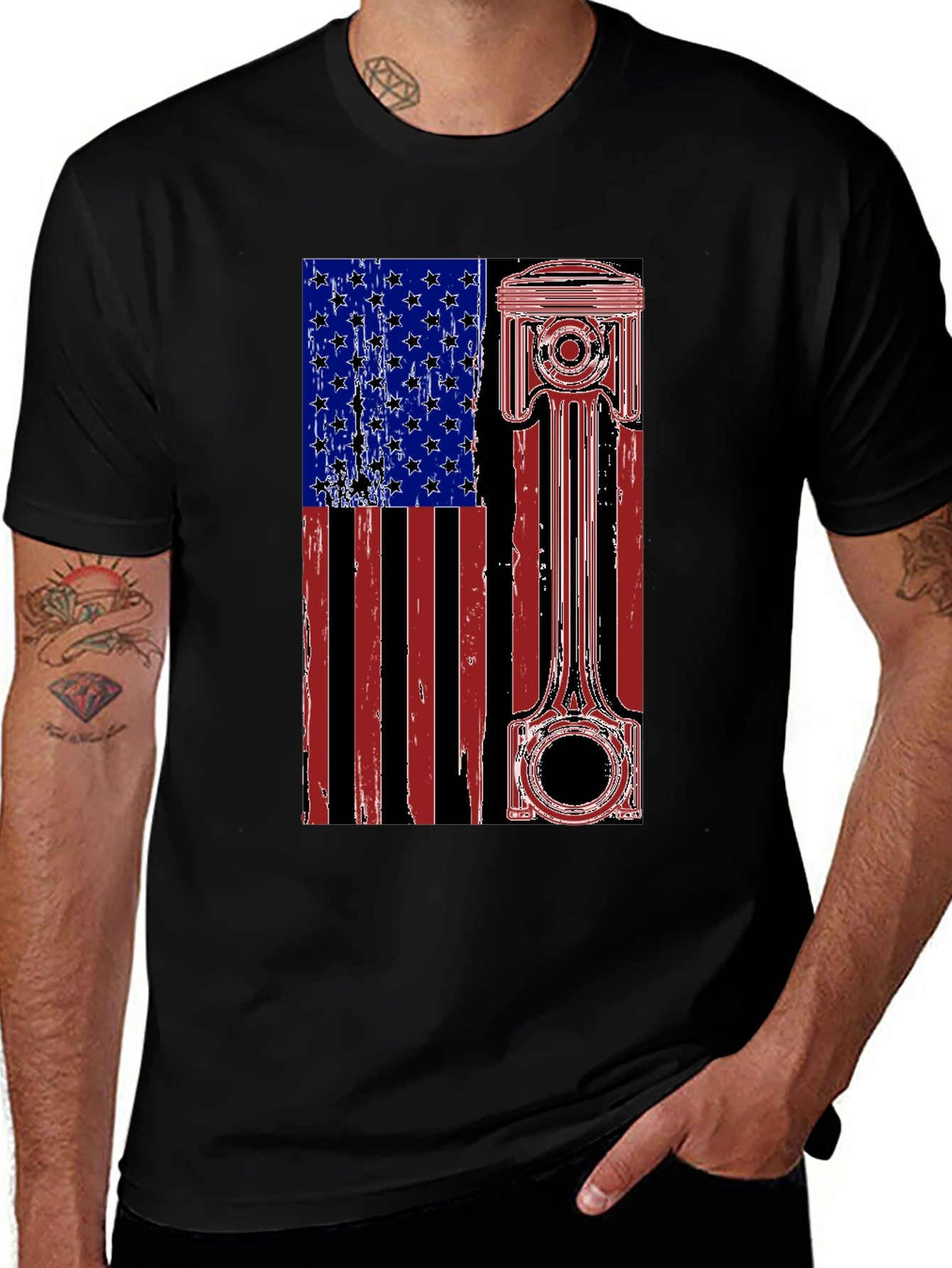 American Flag Piston T-Shirt - Patriotic Mechanic Tee
