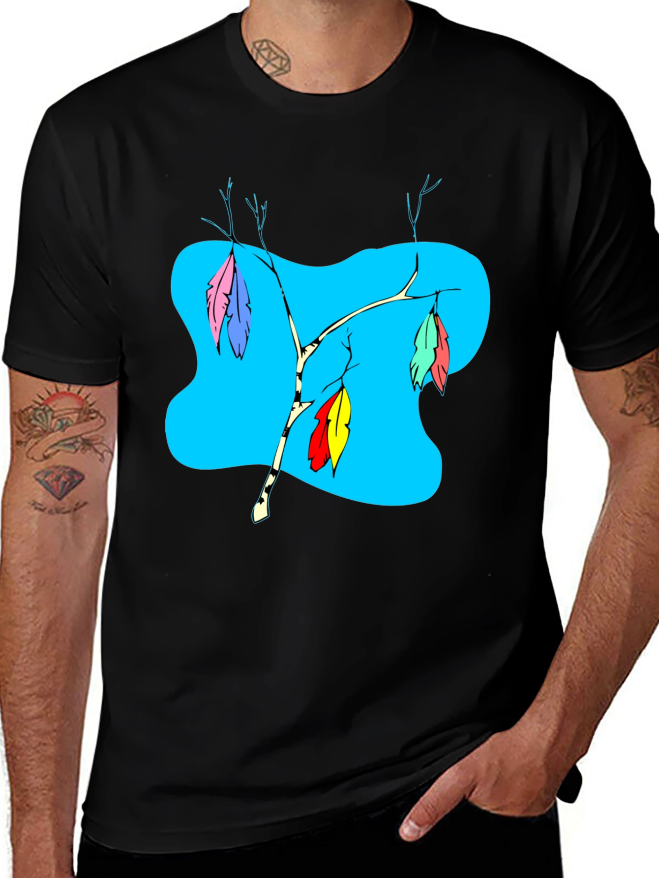 Variant 9 of Black T-Shirt with Colorful Feather Branch Design