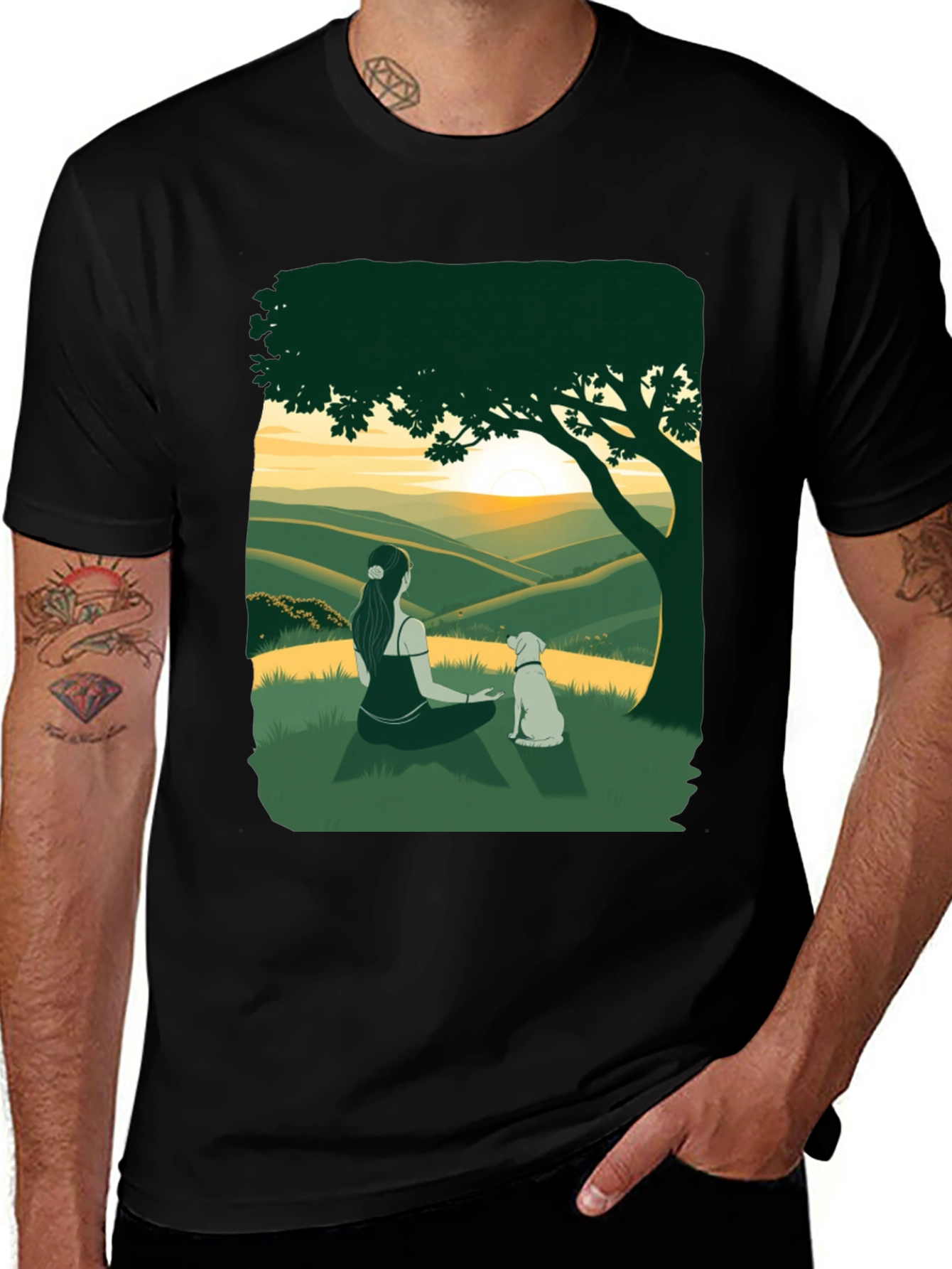 Variant 19 of Sunset Vista Tee: Woman and Dog Under Tree