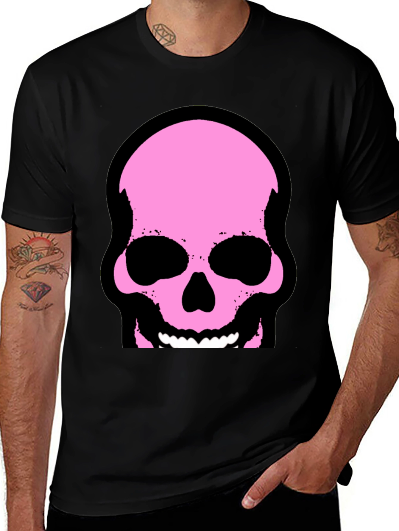 Variant 4 of Skull Graphic Tee - Pink Skull on Black T-Shirt