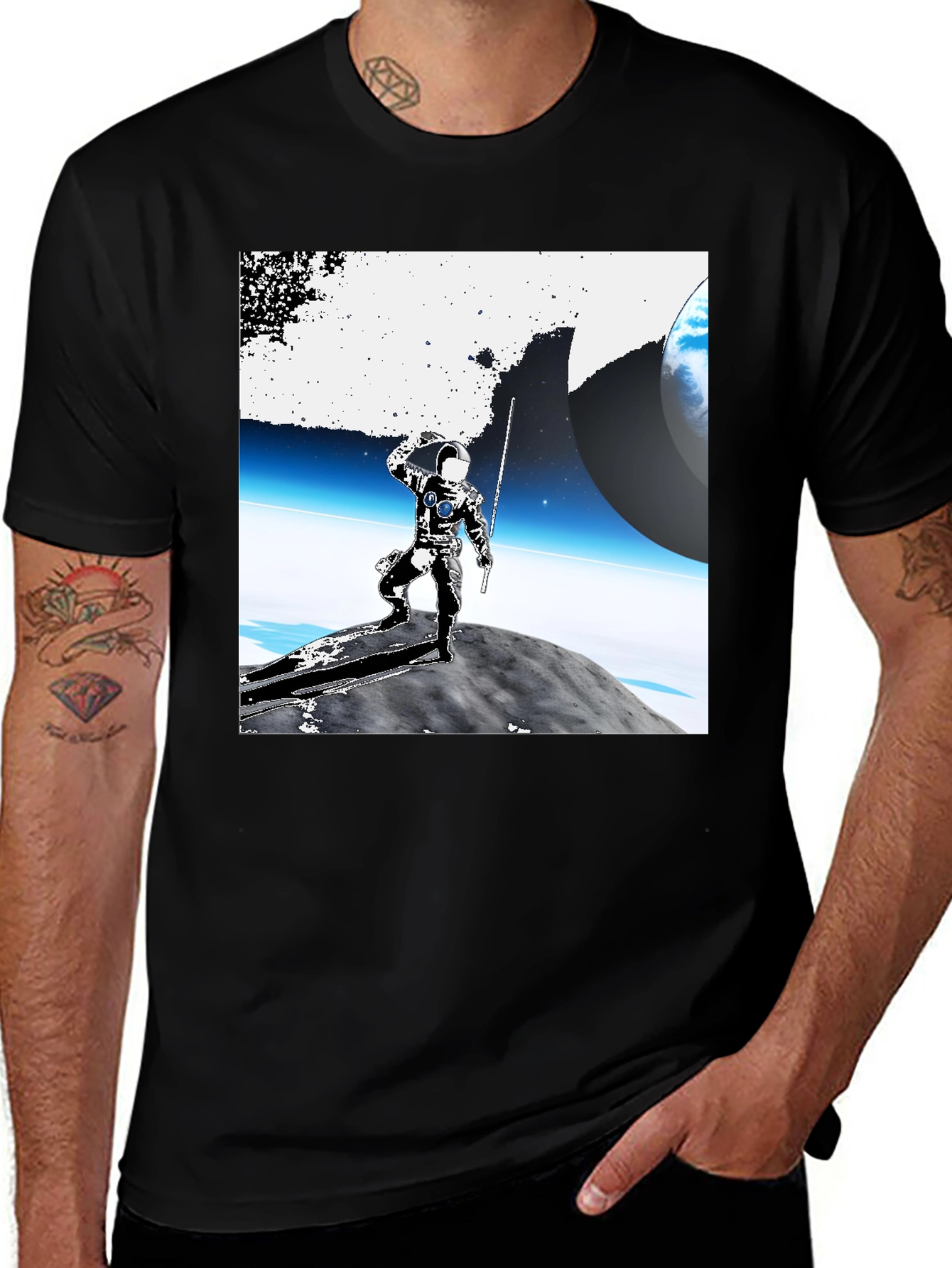 Variant 22 of Astronaut on Moon Graphic Tee - Black Cotton
