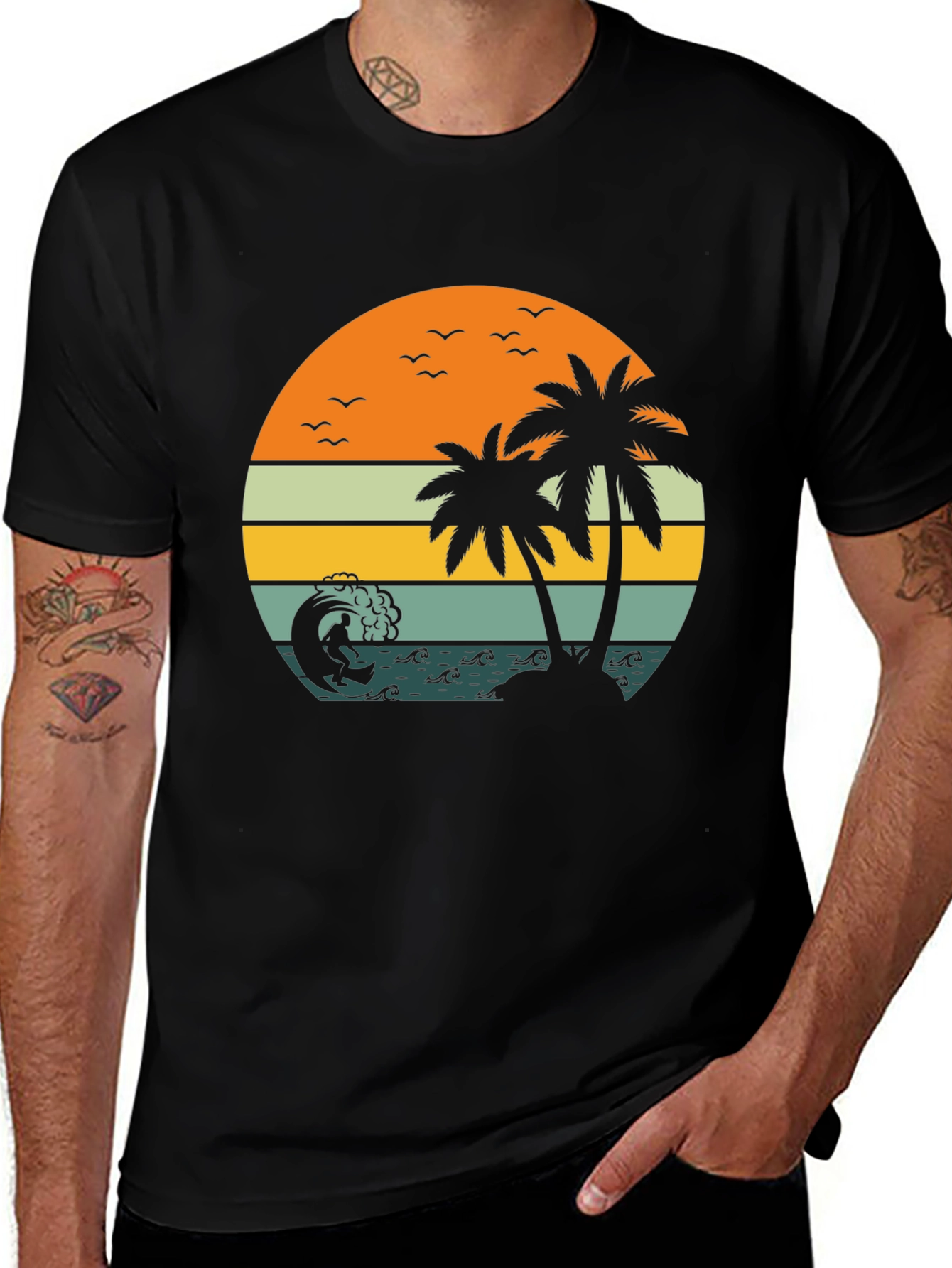 Variant 14 of Retro Sunset Palm Tee - Beach Vibes