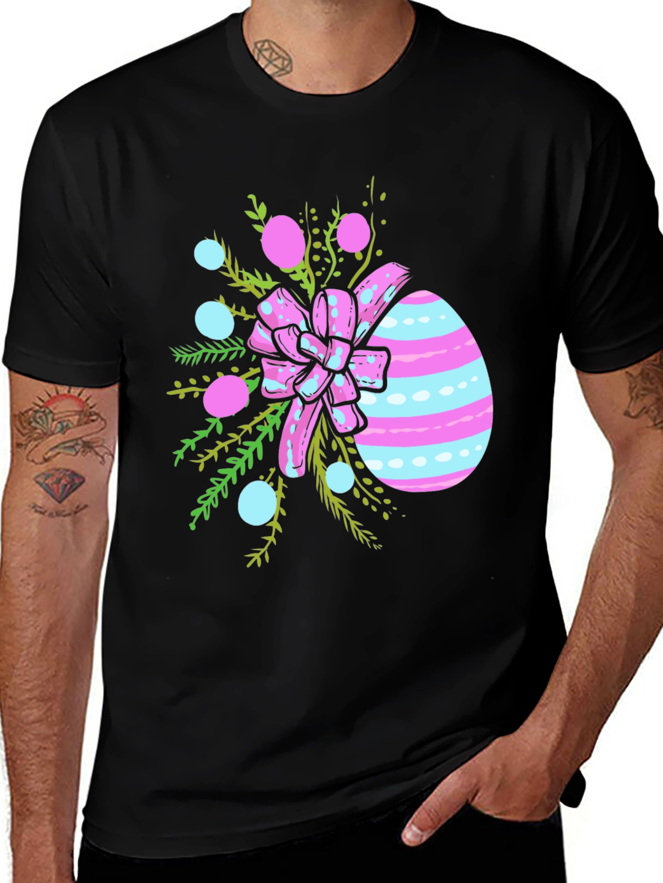 Easter Egg Graphic Tee - Pastel Colors & Festive Bow