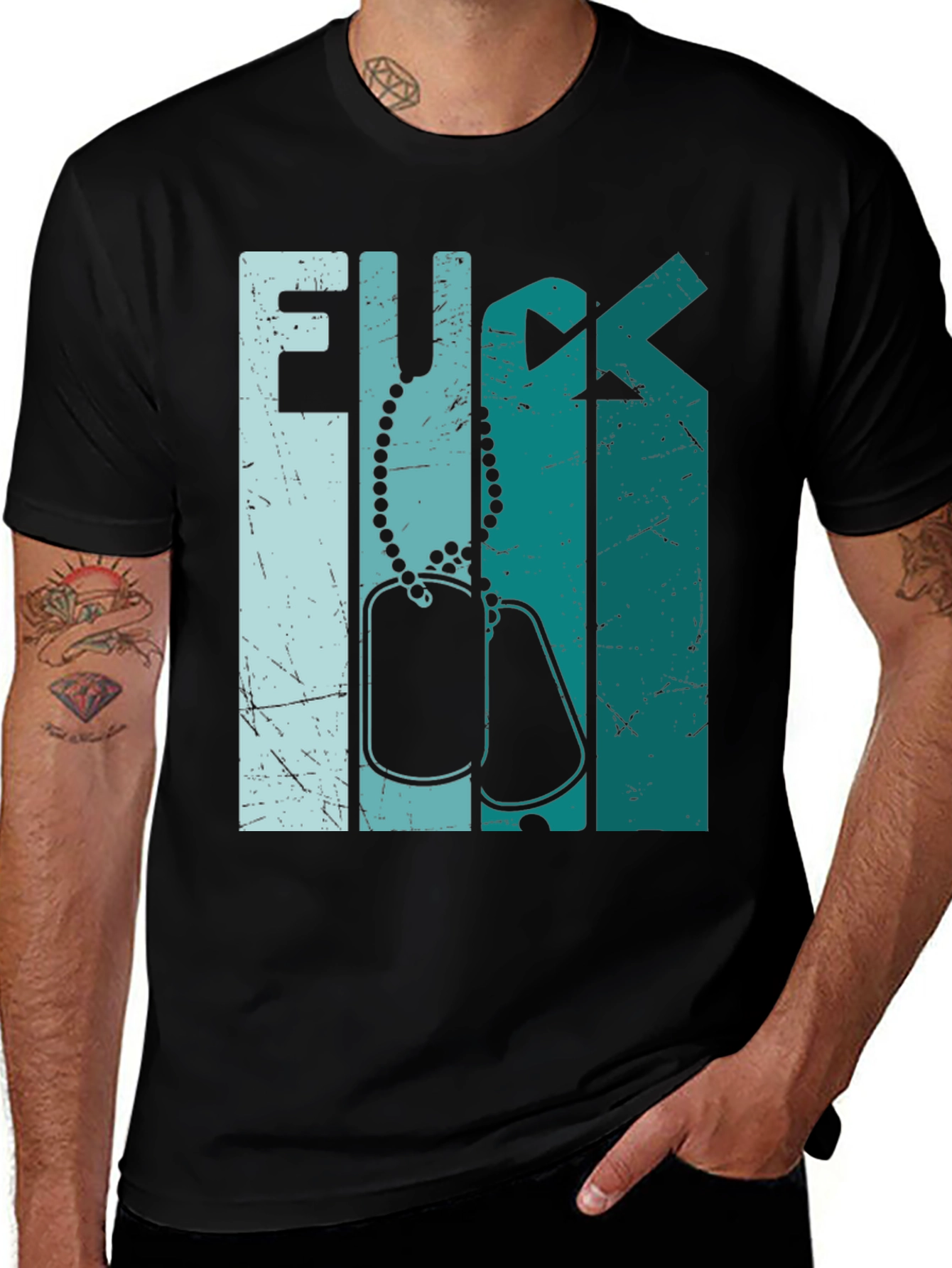 Variant 7 of Distressed Graphic Tee with Dog Tag Design