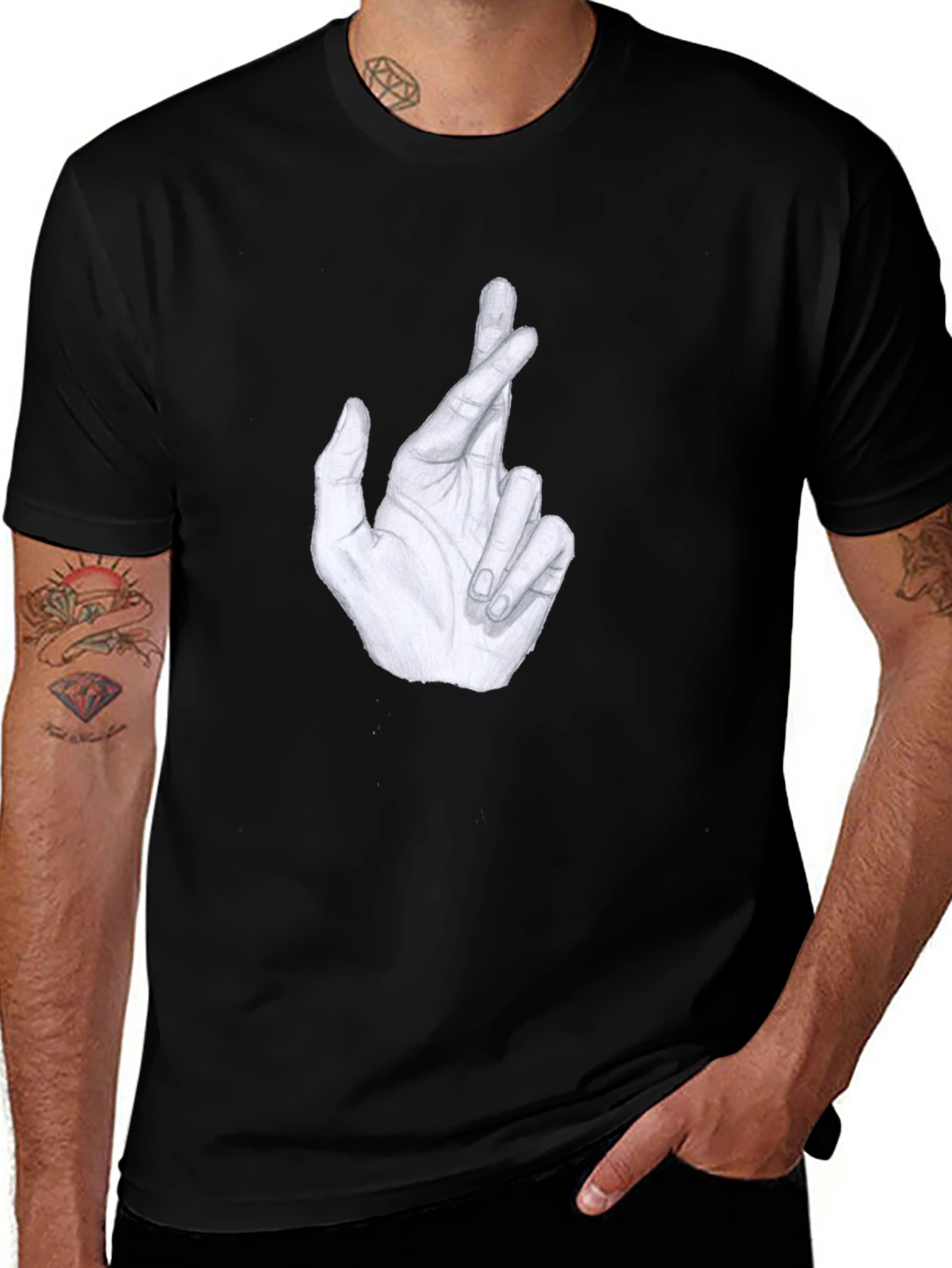 Variant 30 of Crossed Fingers Graphic Tee - Stylish Men's Black T-Shirt